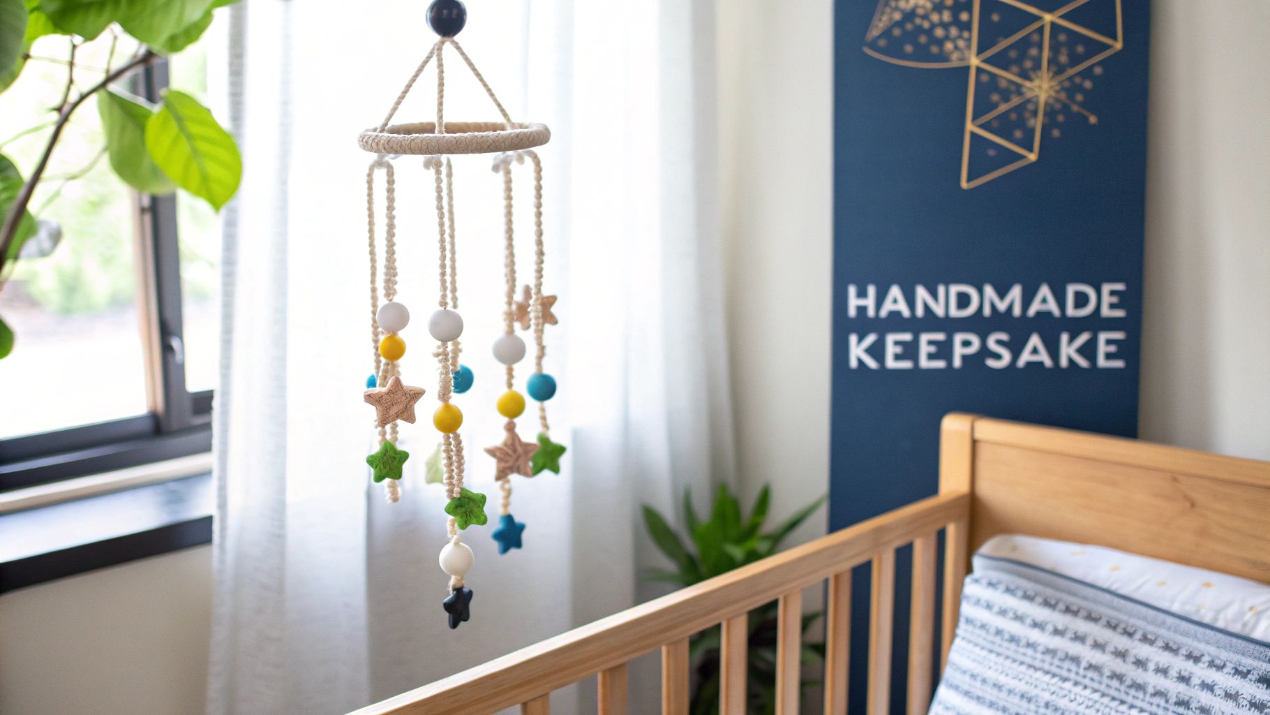 A handmade baby mobile with colorful stars and beads hangs above a wooden crib in a nursery.
