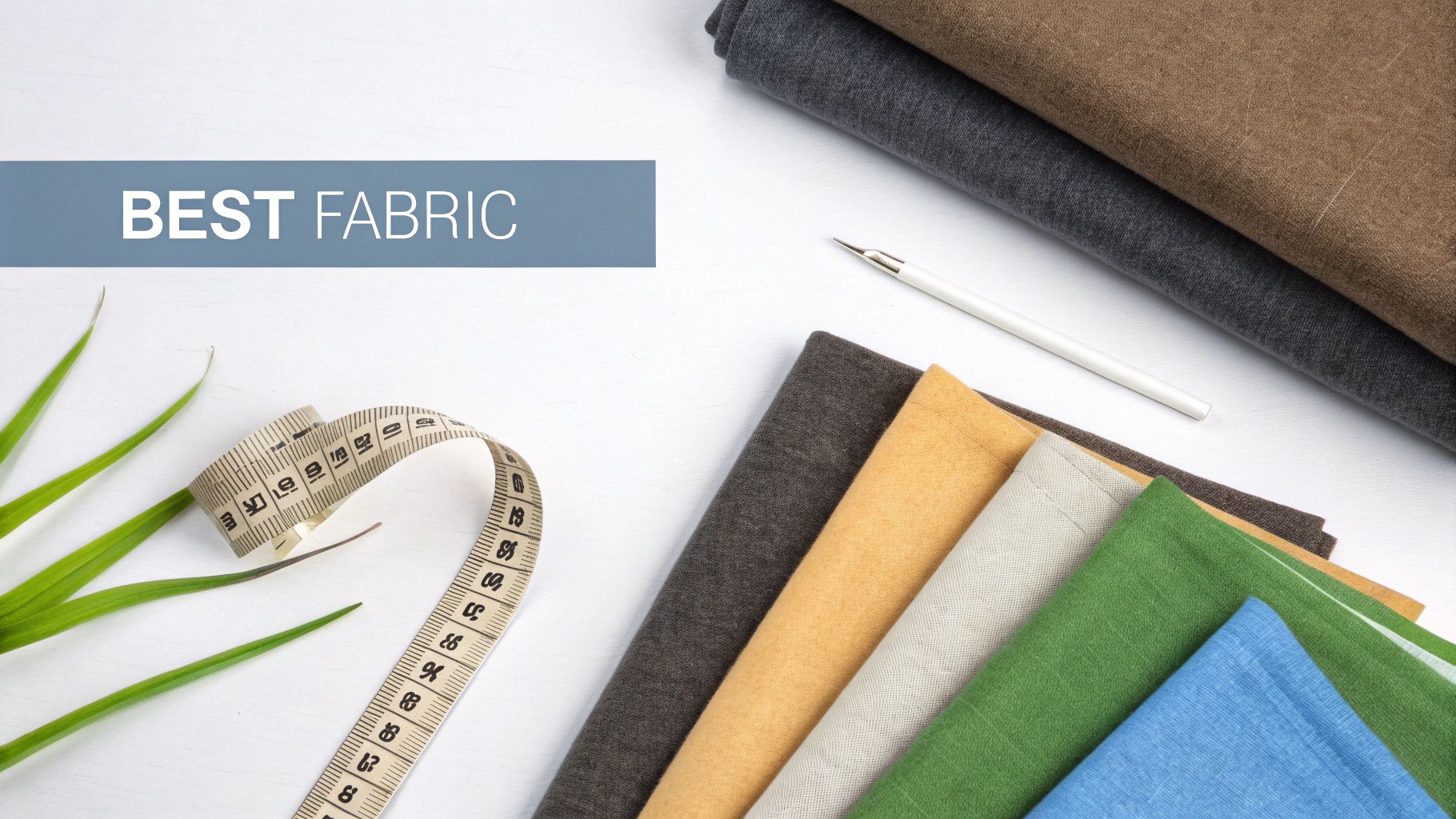 Overhead view of fabric rolls in various colors with a measuring tape, plant, and pen.