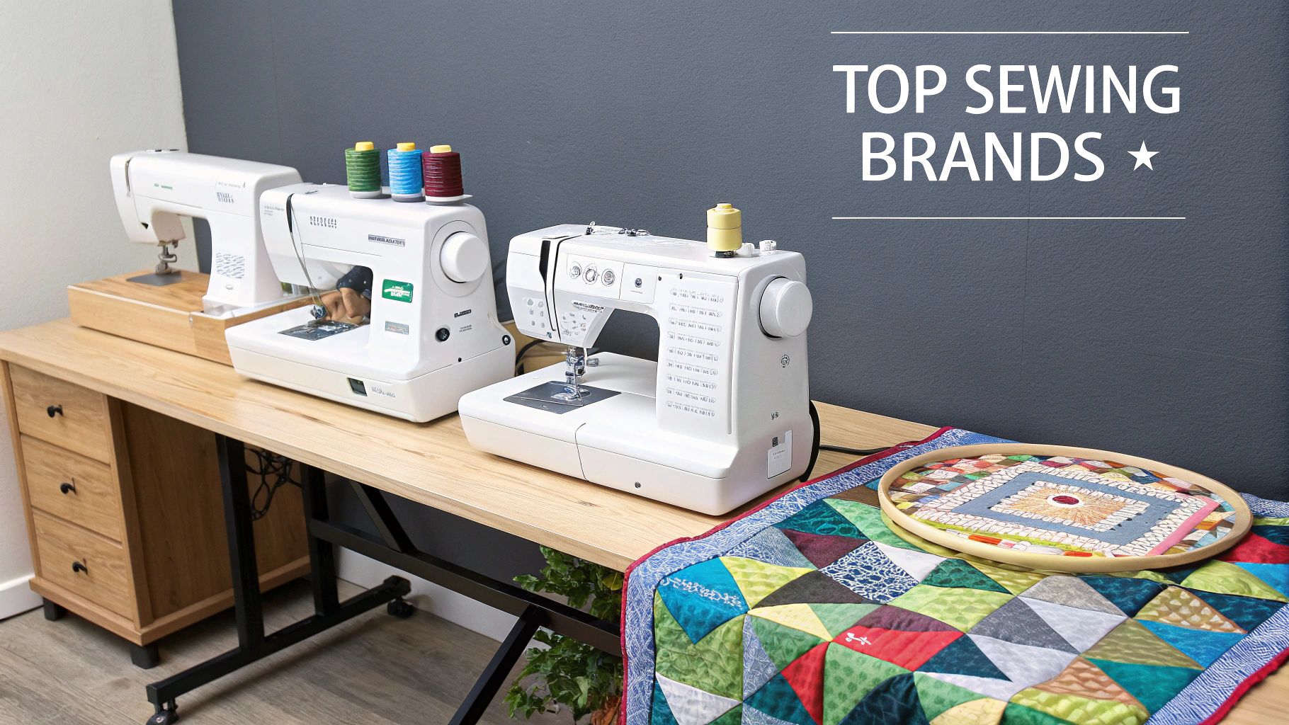 Three white sewing machines with colorful threads on a wooden desk, next to a quilted mat.