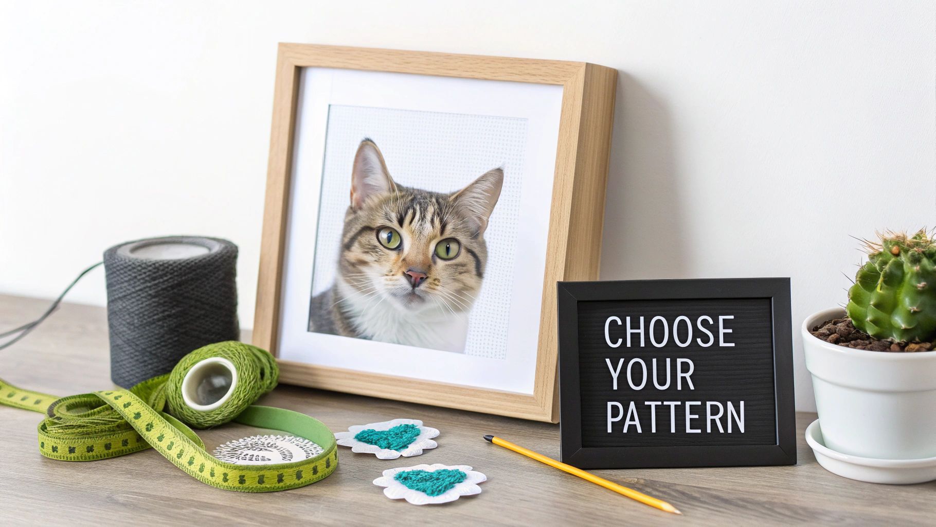 Crafting table with a framed cat picture, 'choose your pattern' sign, yarn, and embroidery items.