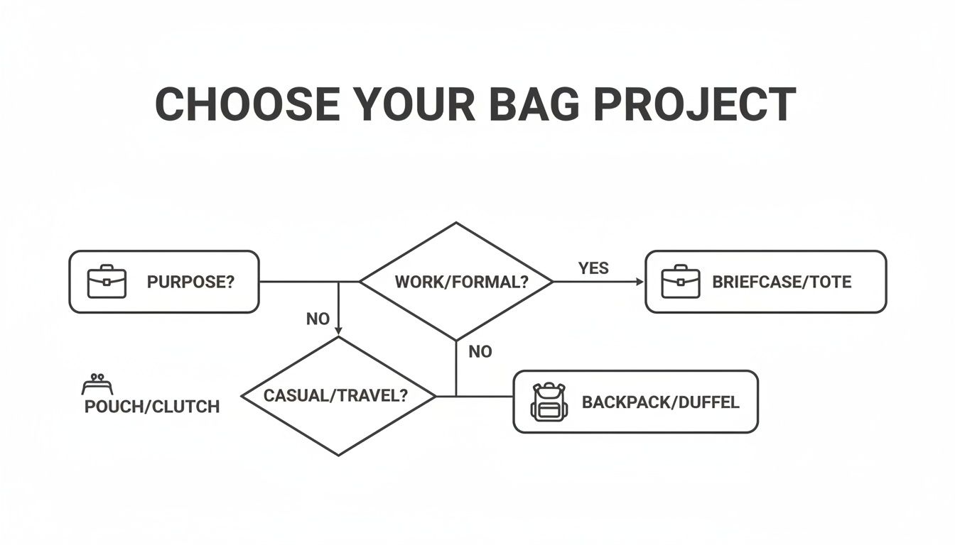 Flowchart outlining bag selection based on purpose: work/formal, casual/travel, leading to briefcases, backpacks, or clutches.