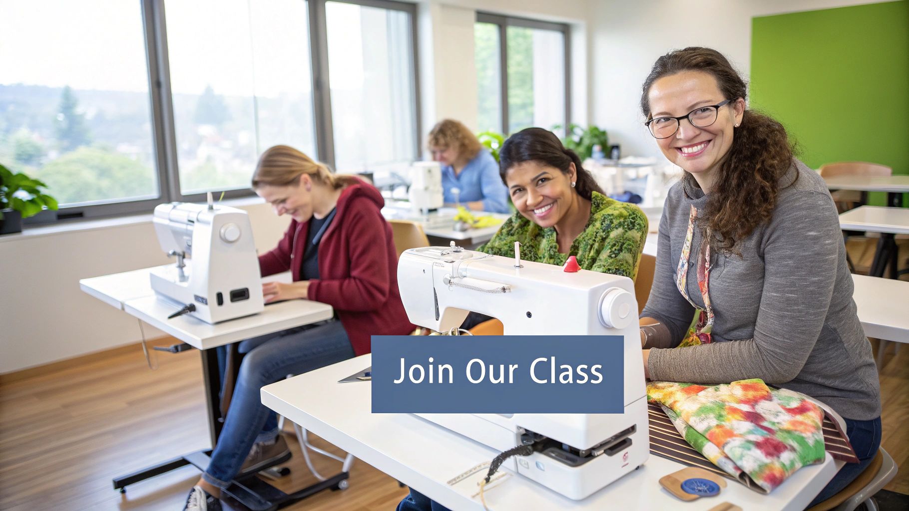 Smiling women in a sewing class, learning to quilt with sewing machines and colorful fabrics.