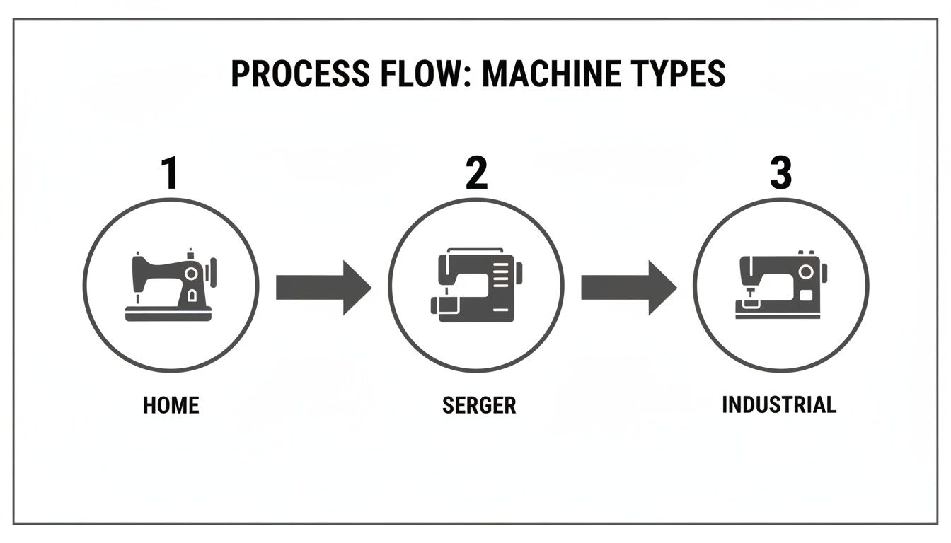 A process flow showing three types of sewing machines: Home, Serger, and Industrial.