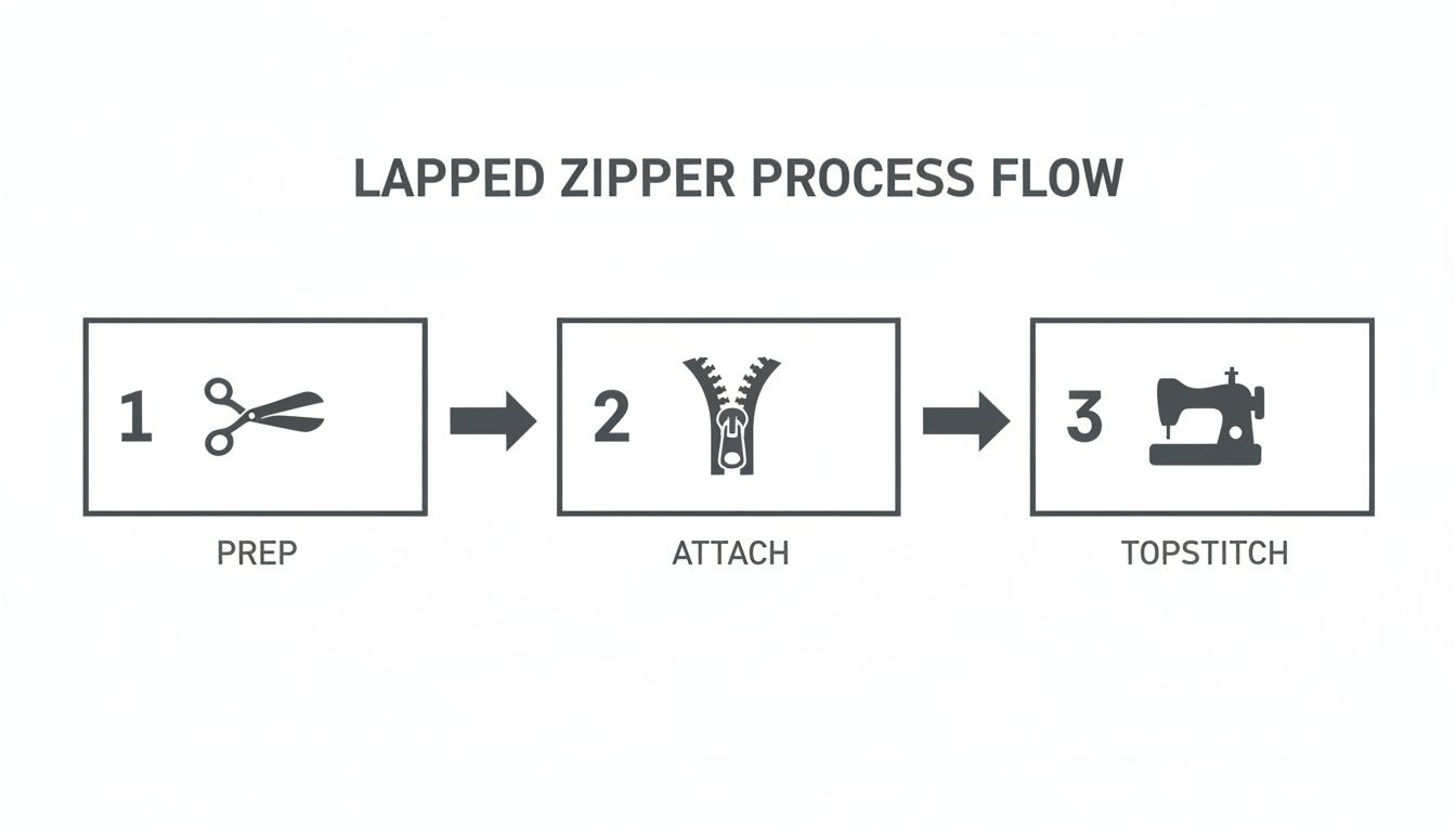 Flowchart illustrating the three steps for installing a lapped zipper: prep, attach, topstitch.
