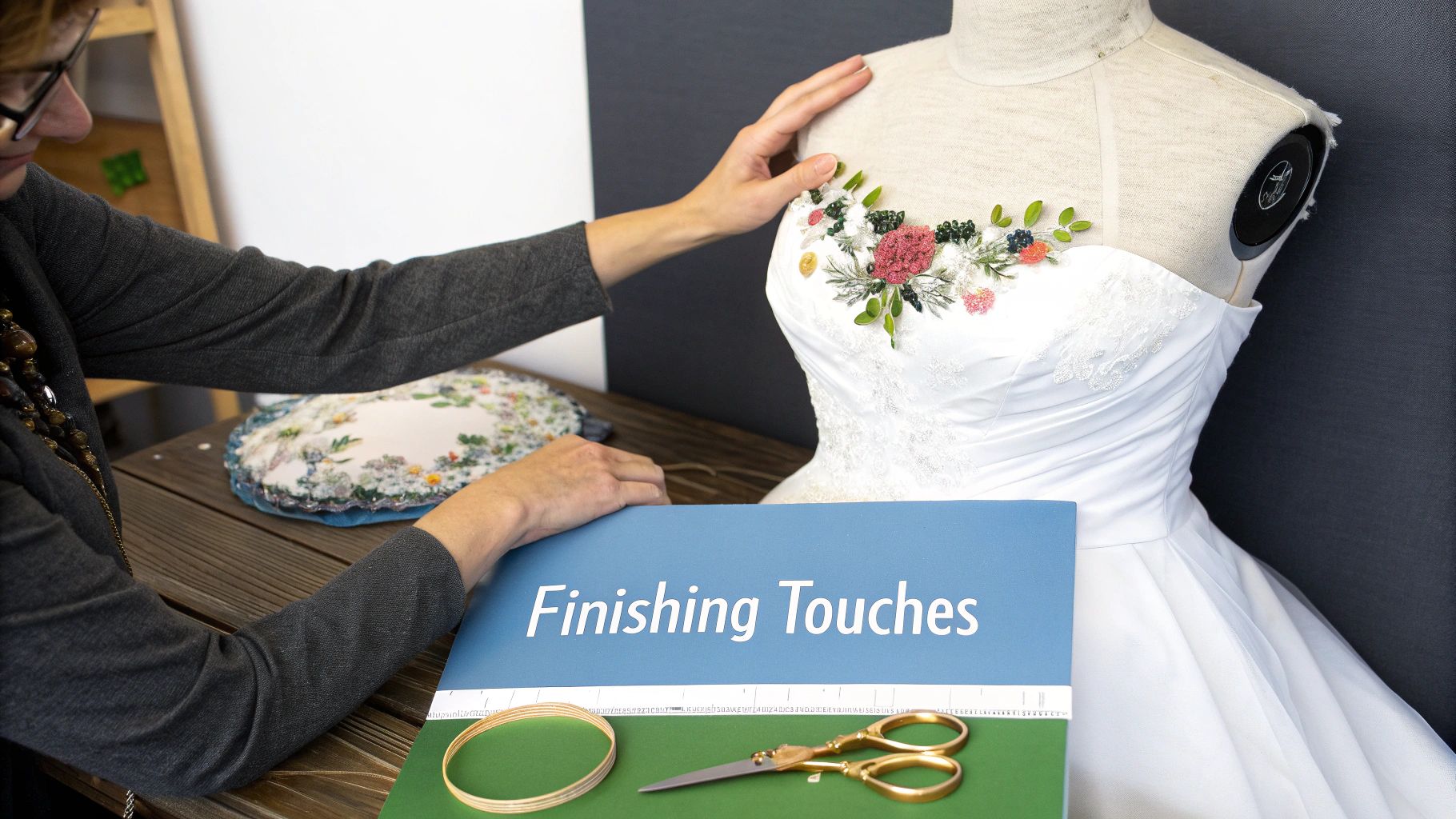 A designer's hands work on elaborate floral embroidery for a white wedding dress bodice.