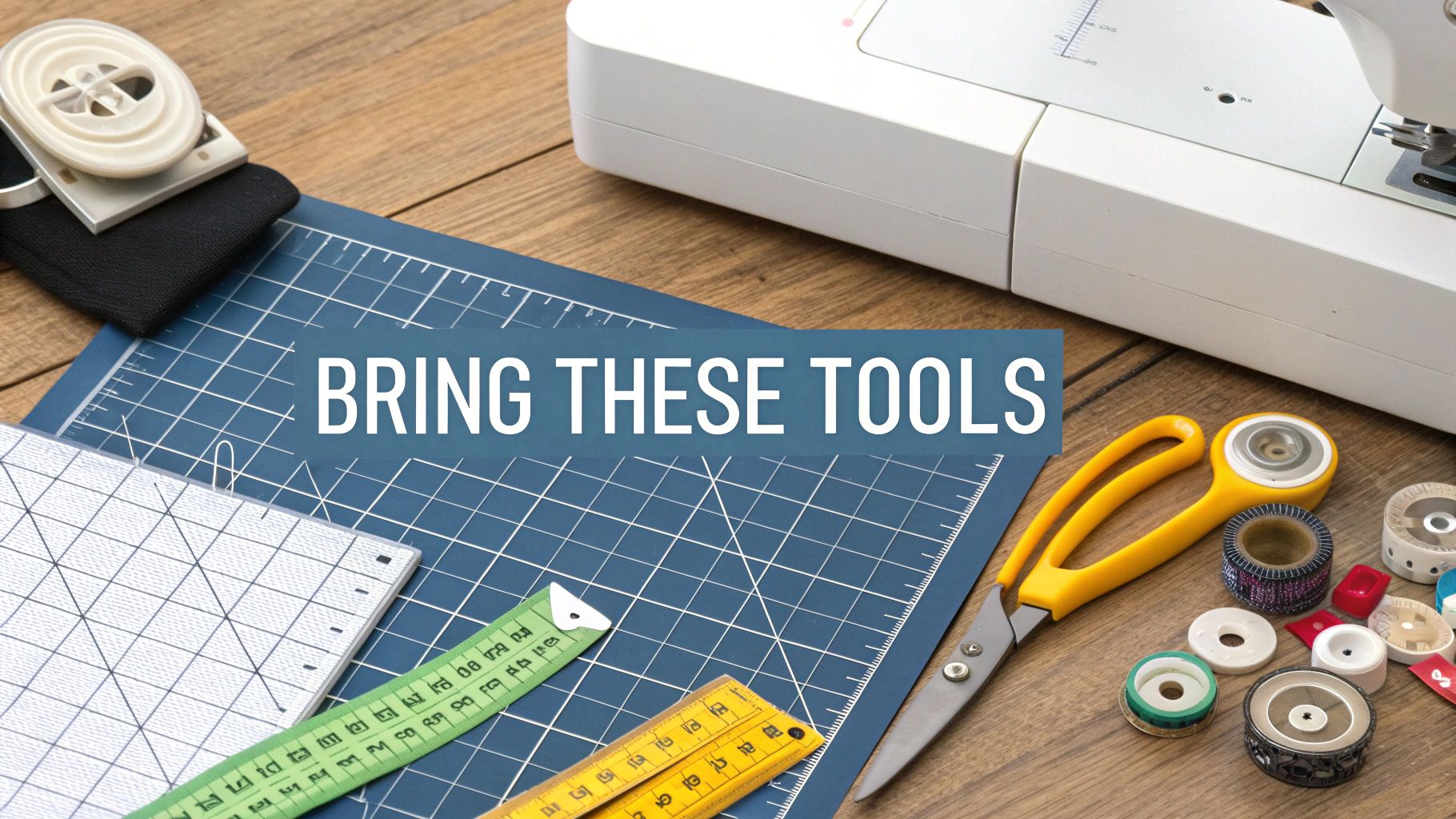 A flat lay of quilting and sewing tools on a wooden table, including a machine, mat, rulers, and cutter.