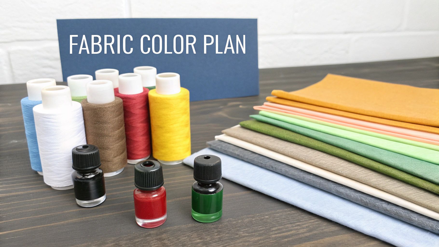 A collection of colorful fabric swatches, thread spools, and dye bottles for a fabric color plan.