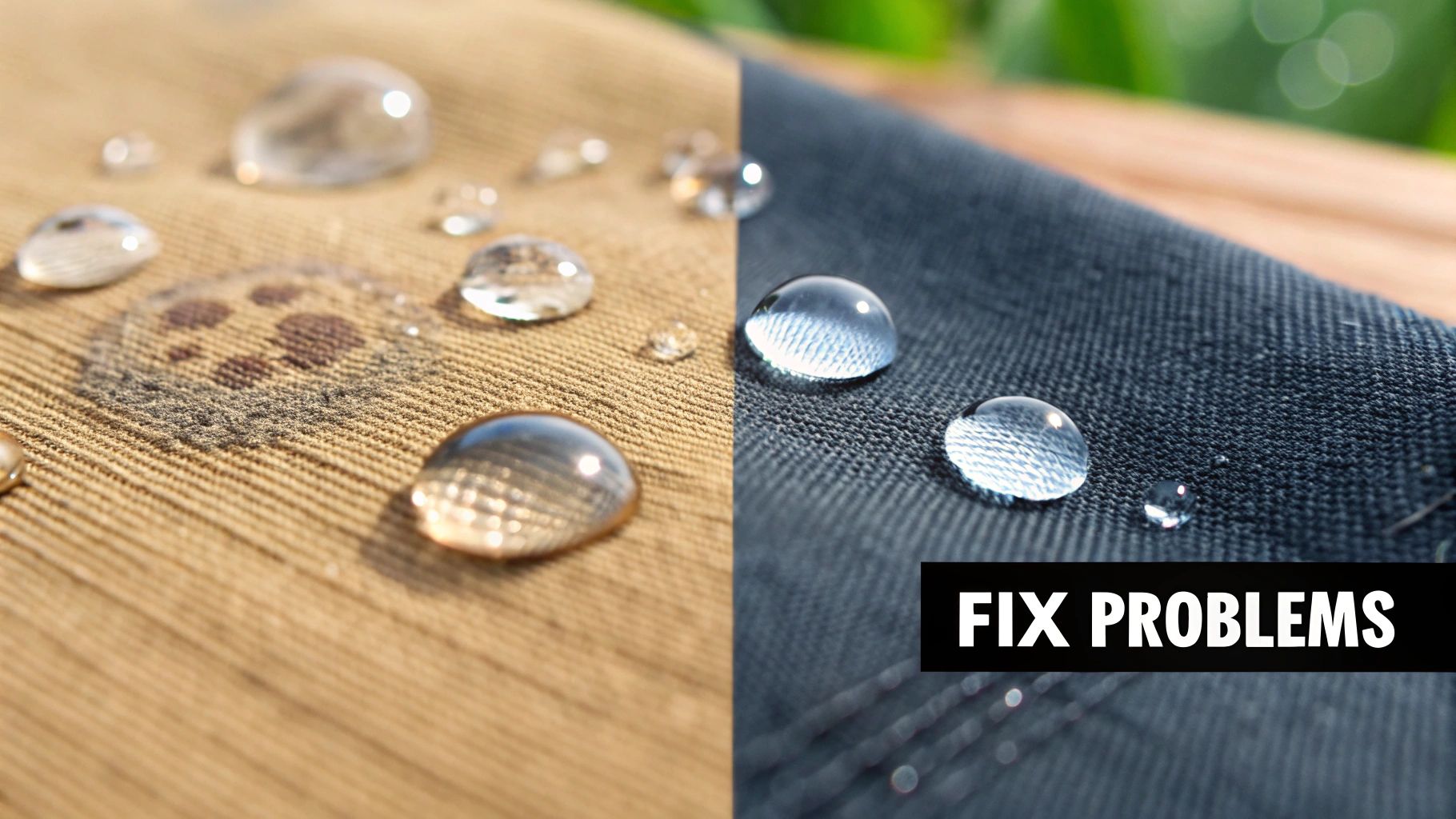 Water droplets on a non-waterproof fabric contrasted with beads on a waterproof fabric.
