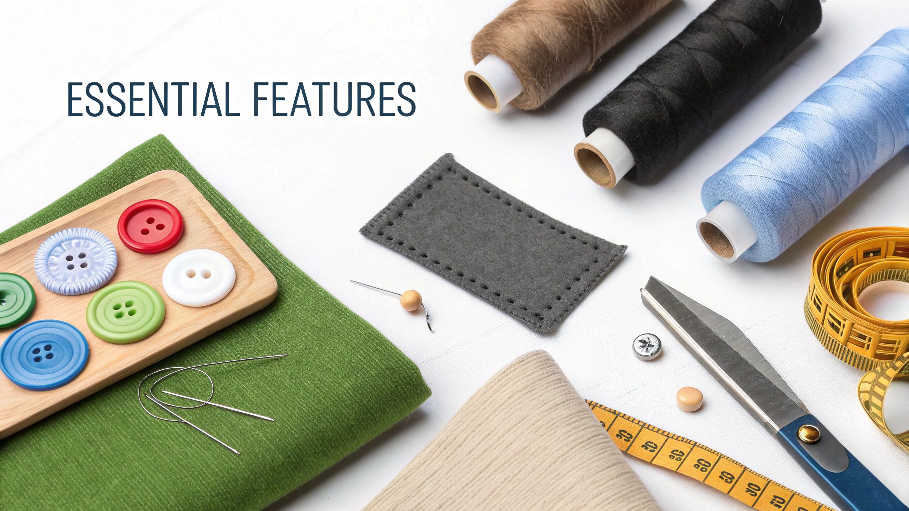 A flat lay of colorful sewing supplies, including buttons, threads, scissors, and measuring tape on a white surface.