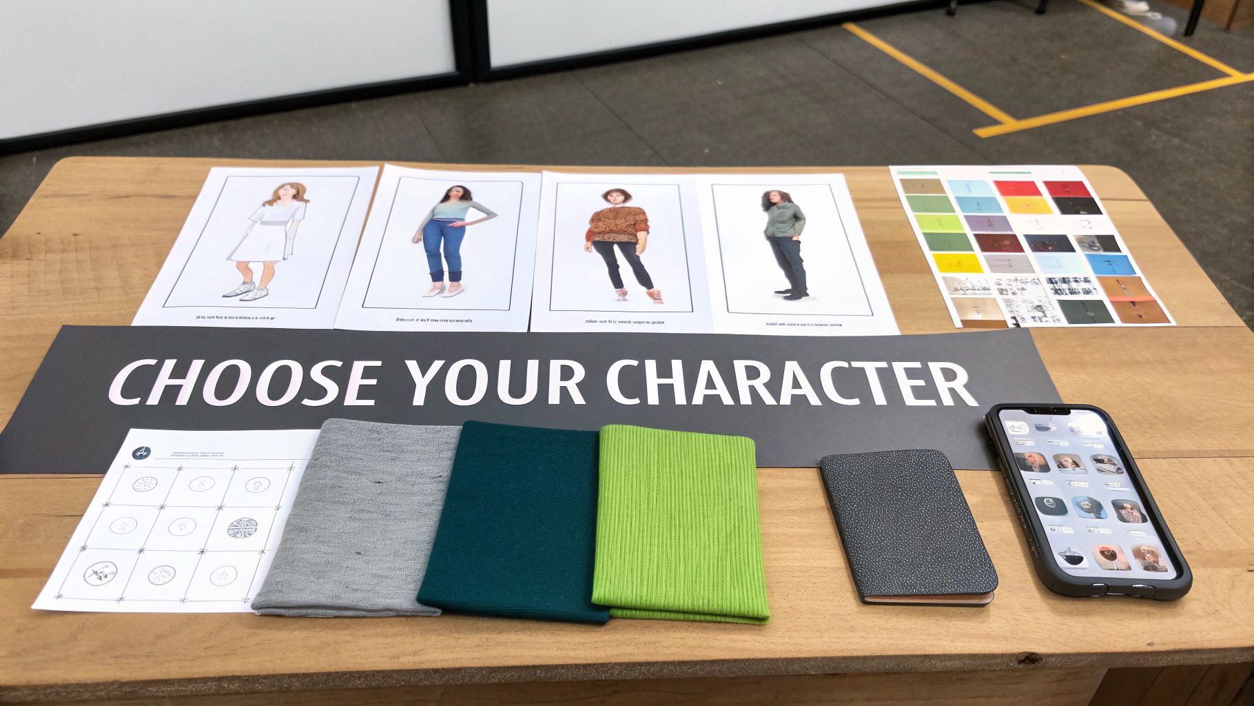 A display on a wooden table with character selection cards, fabric swatches, and a smartphone.