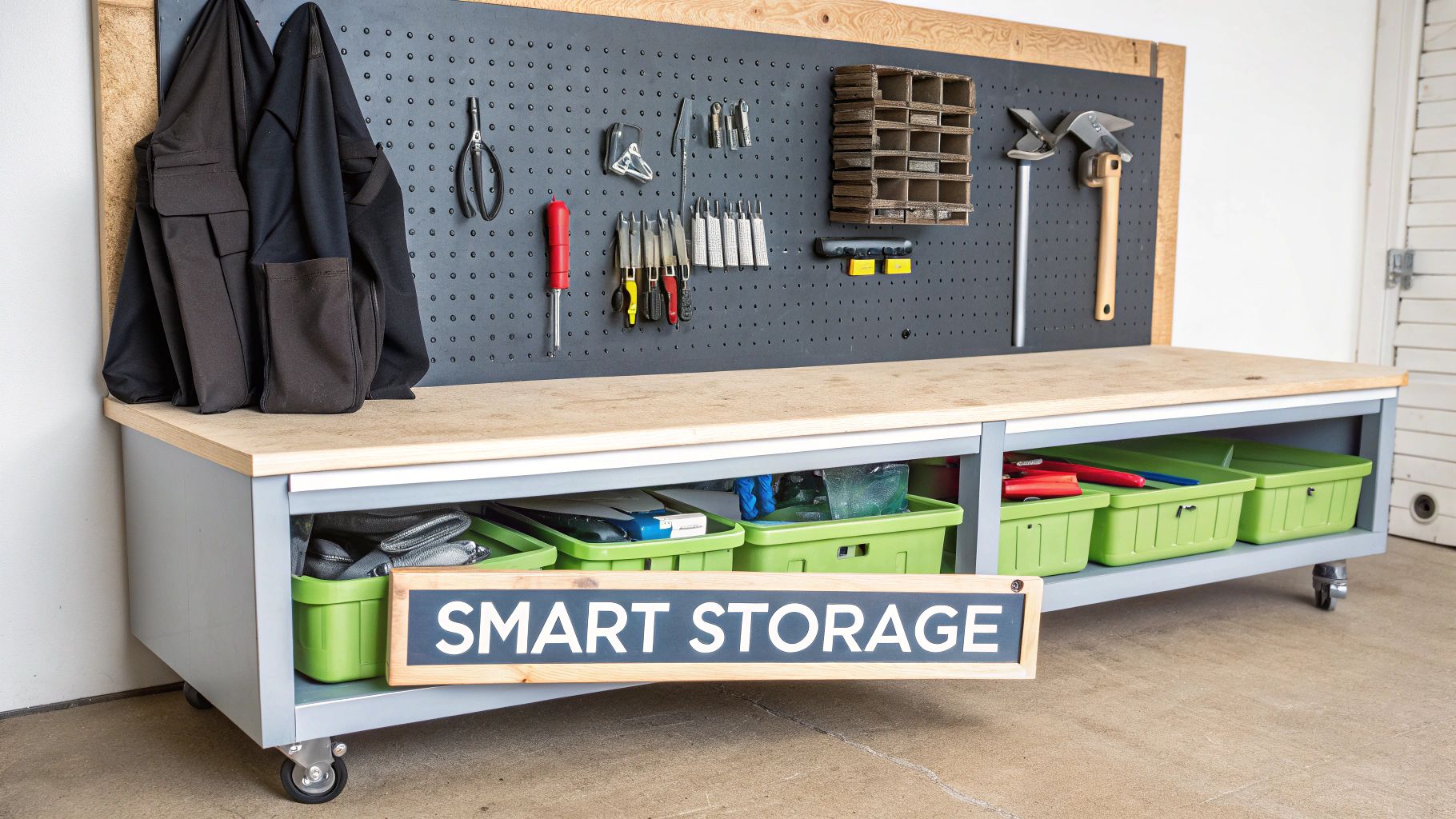 A mobile workshop bench with tools on a pegboard, green storage bins, and a 'Smart Storage' sign.