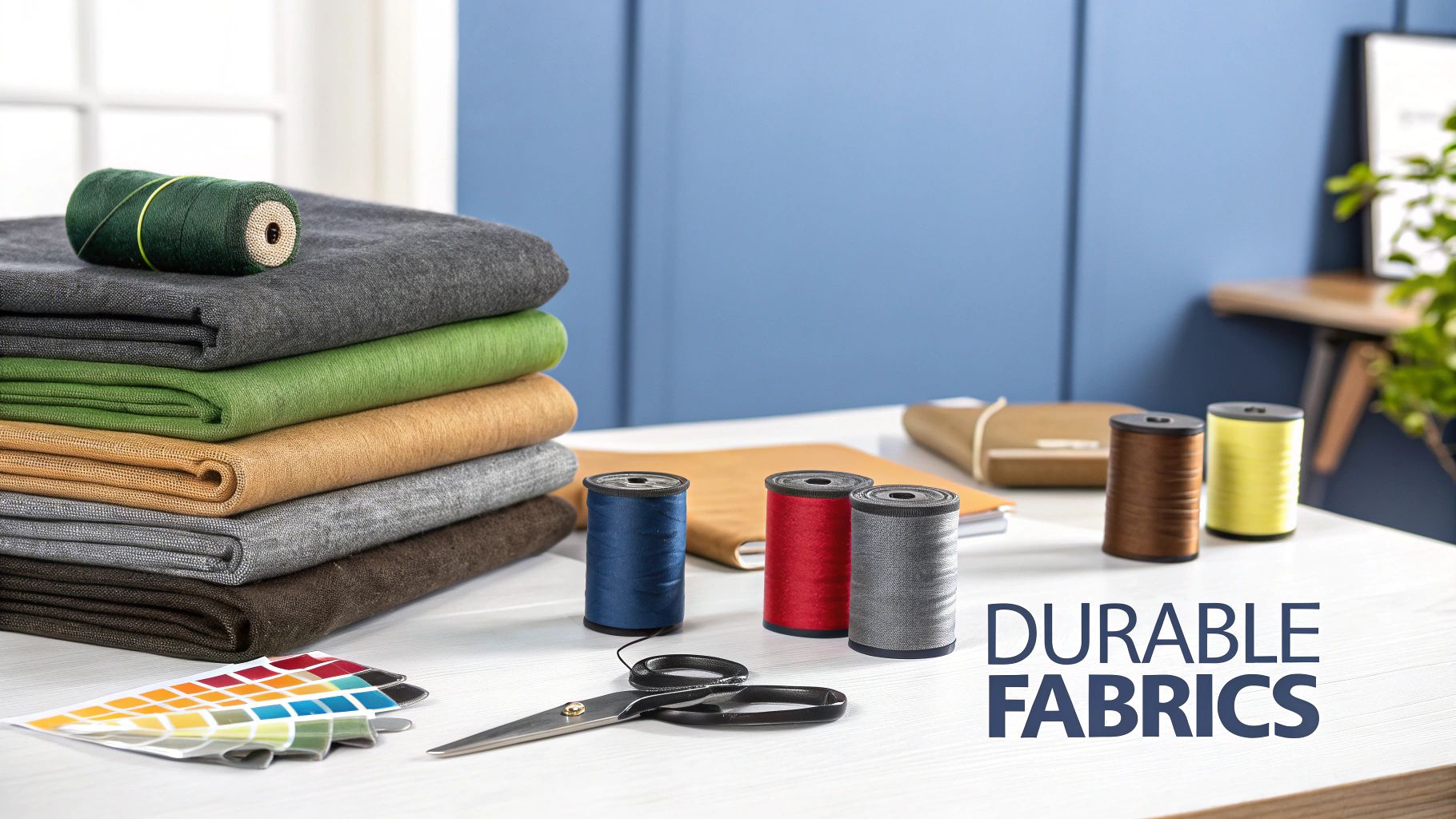 A stack of durable fabrics in various colors, spools of thread, and tailoring tools on a table.