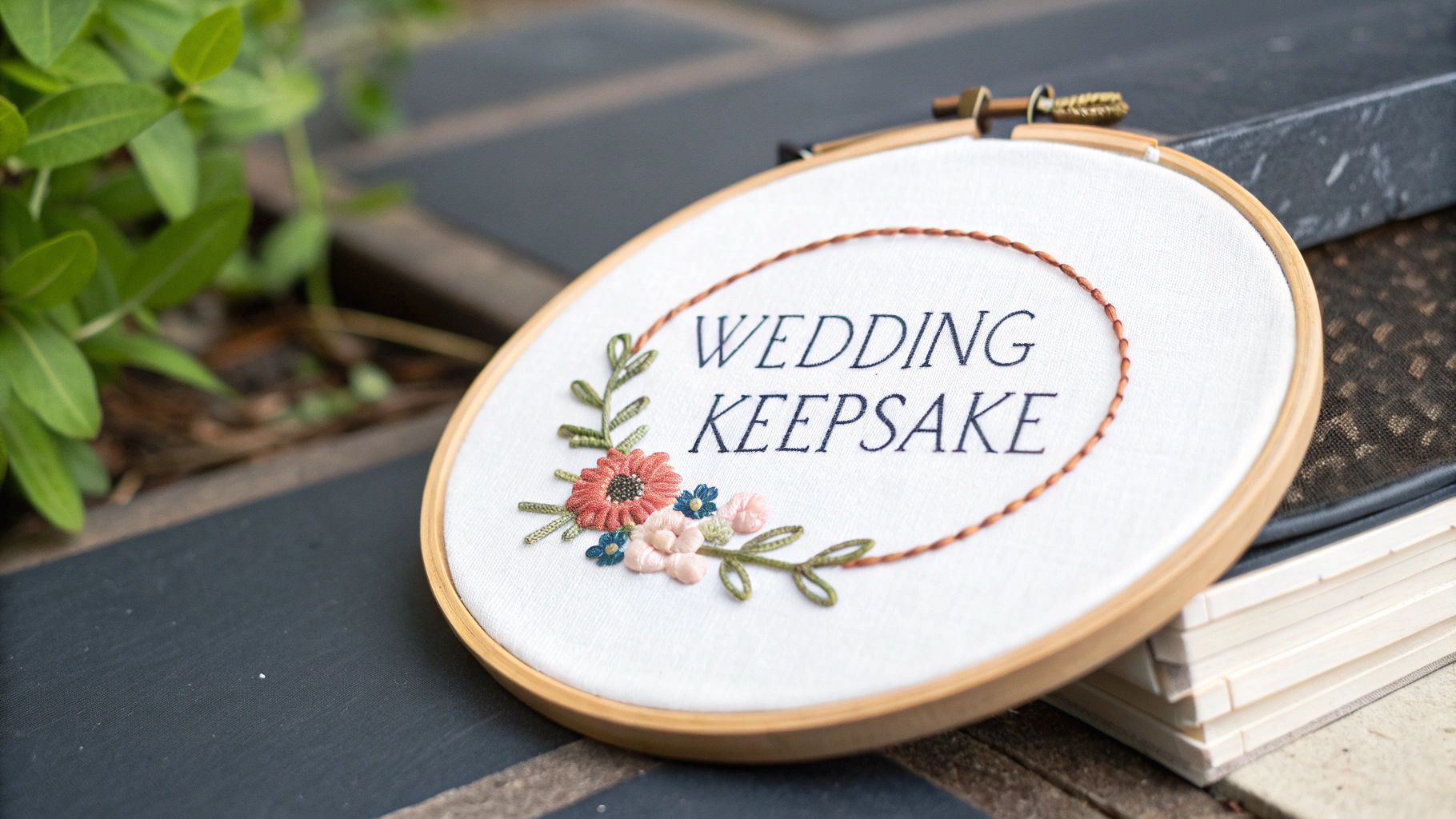 A close-up of an embroidered 'WEDDING KEEPSAKE' hoop with colorful floral designs.