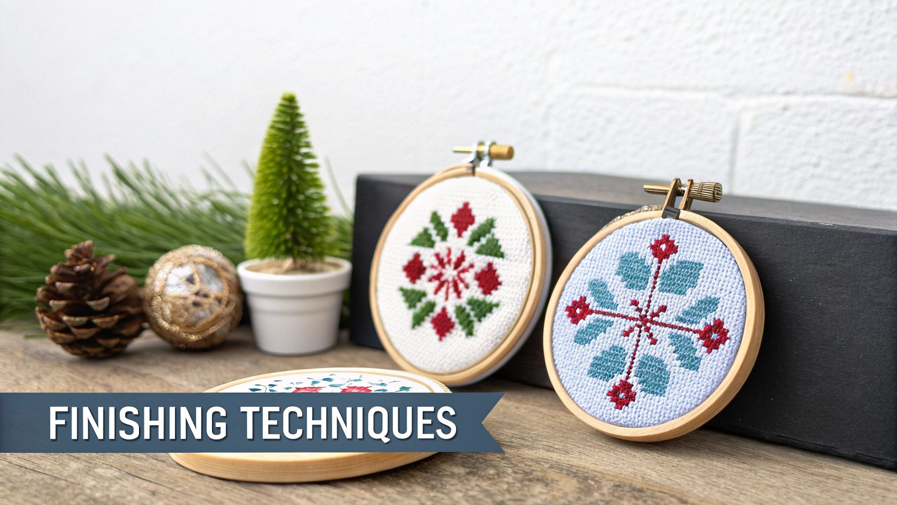 Three small cross-stitch Christmas hoop ornaments with festive designs, surrounded by holiday decor.