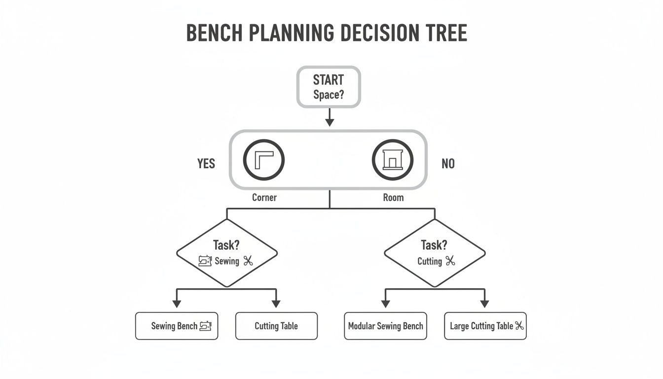 A decision tree flowchart for bench planning, guiding choices based on space and task.