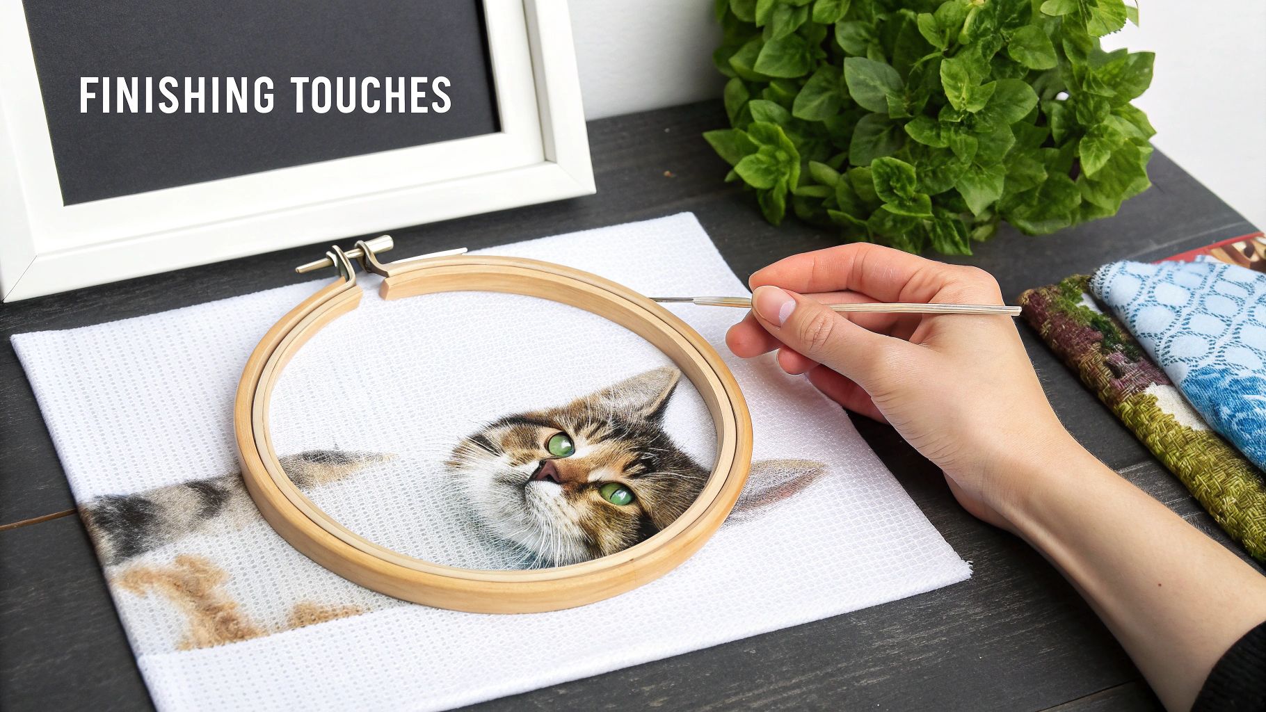 A close-up of a person's hand cross-stitching a beautiful cat with vibrant green eyes in an embroidery hoop.