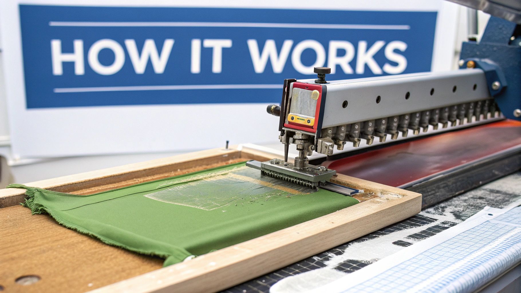 A close-up of a screen printing machine applying green ink onto a fabric surface.