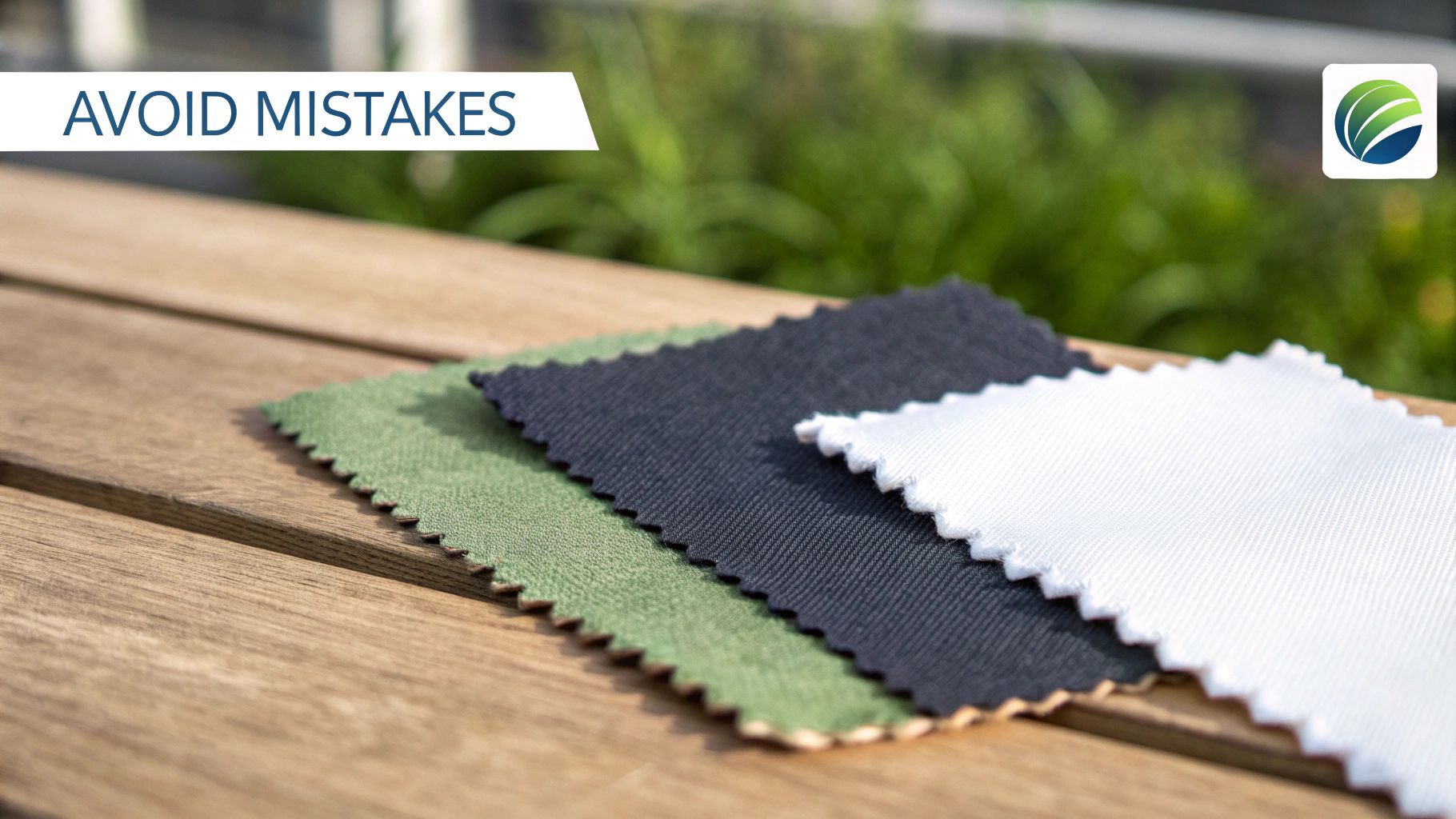 Three fabric swatches in green, dark grey, and white with pinked edges on a wooden table, next to 'AVOID MISTAKES' text.
