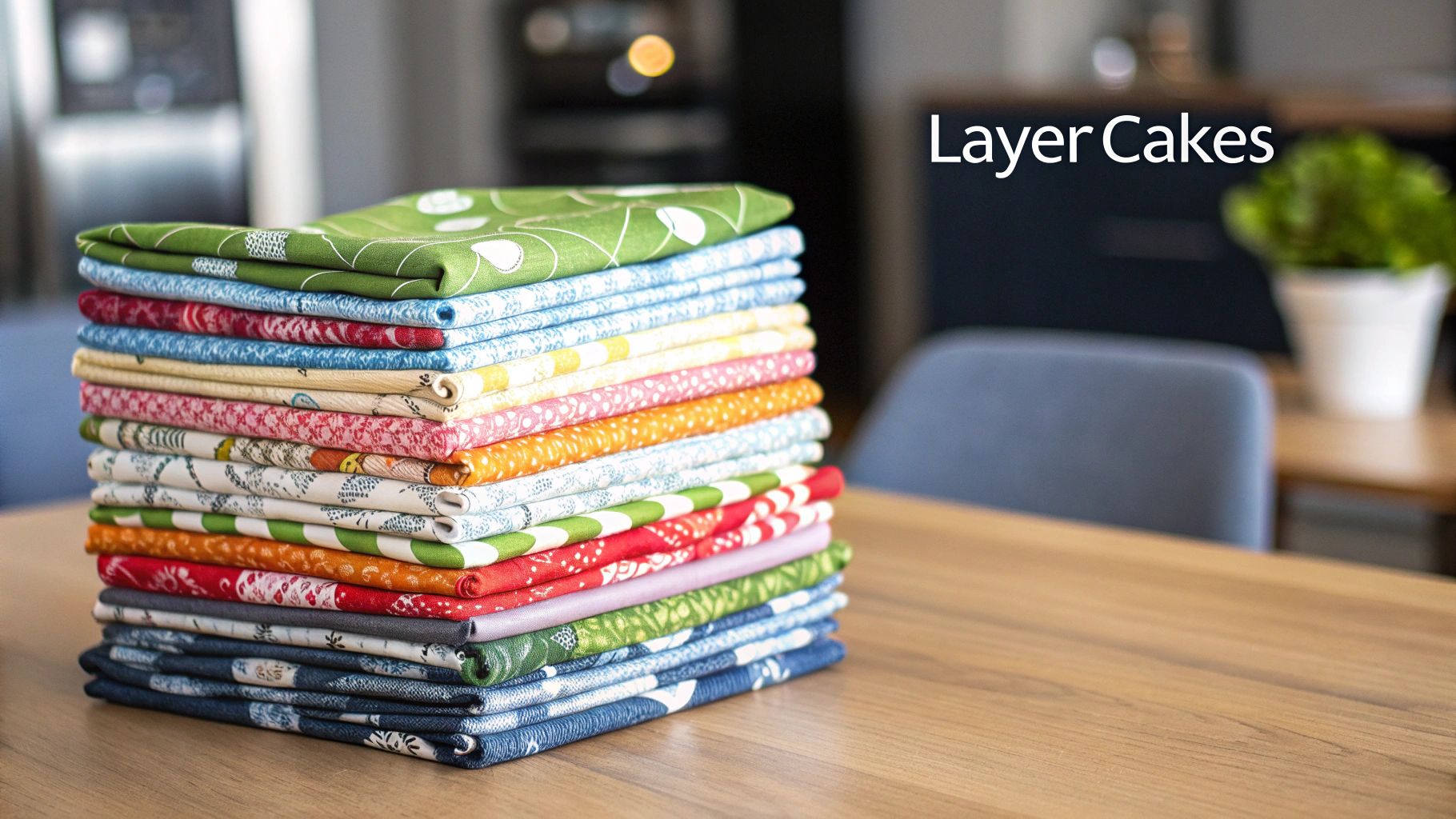 A vibrant stack of colorful, patterned fabric squares, known as Layer Cakes, on a wooden table.