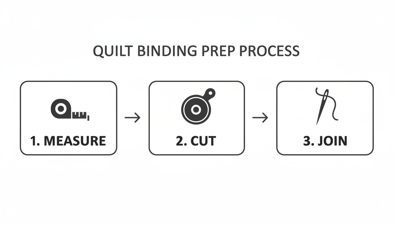 Diagram showing three steps for quilt binding prep: measure, cut, and join with icons.