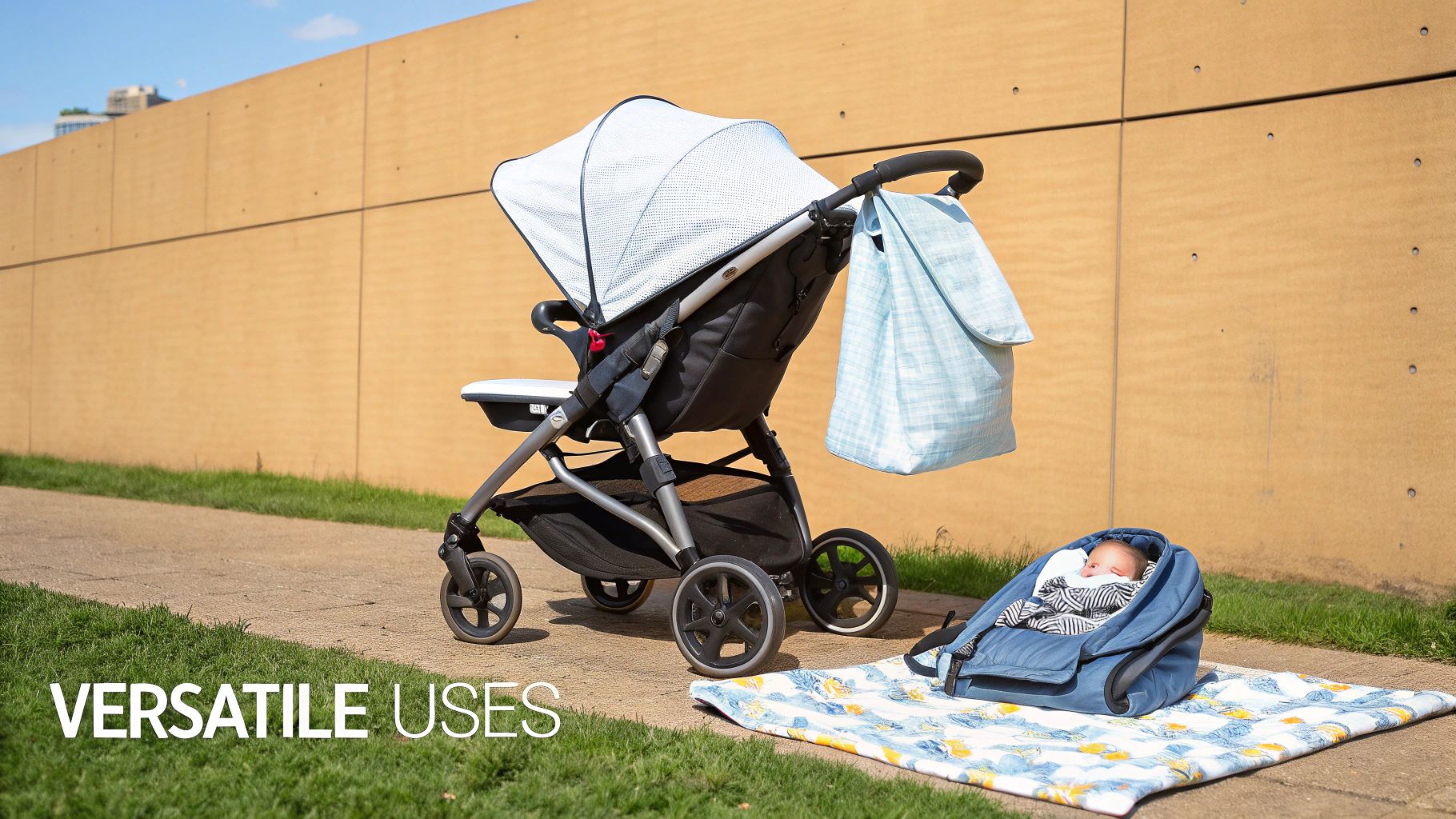 A baby stroller with a light blue canopy and a baby in a portable bassinet on a colorful blanket outdoors.