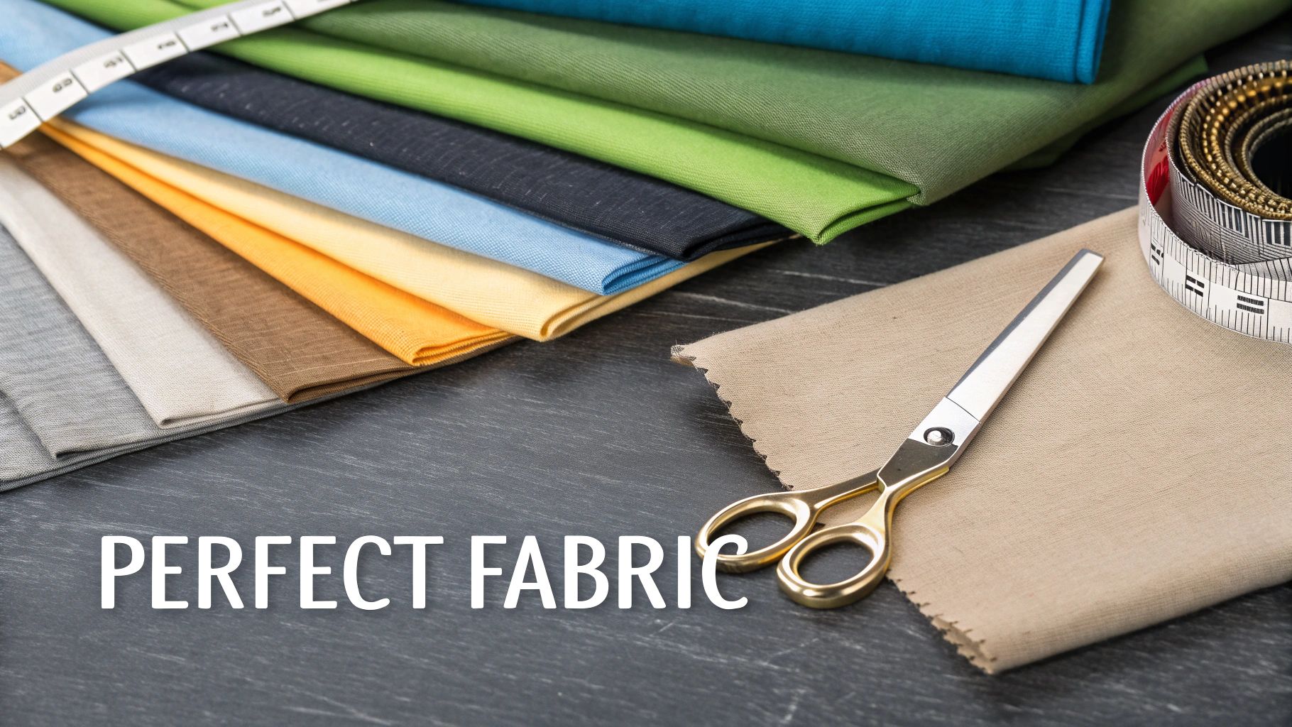 Variety of colorful folded fabrics, a measuring tape, and golden scissors on a dark surface.
