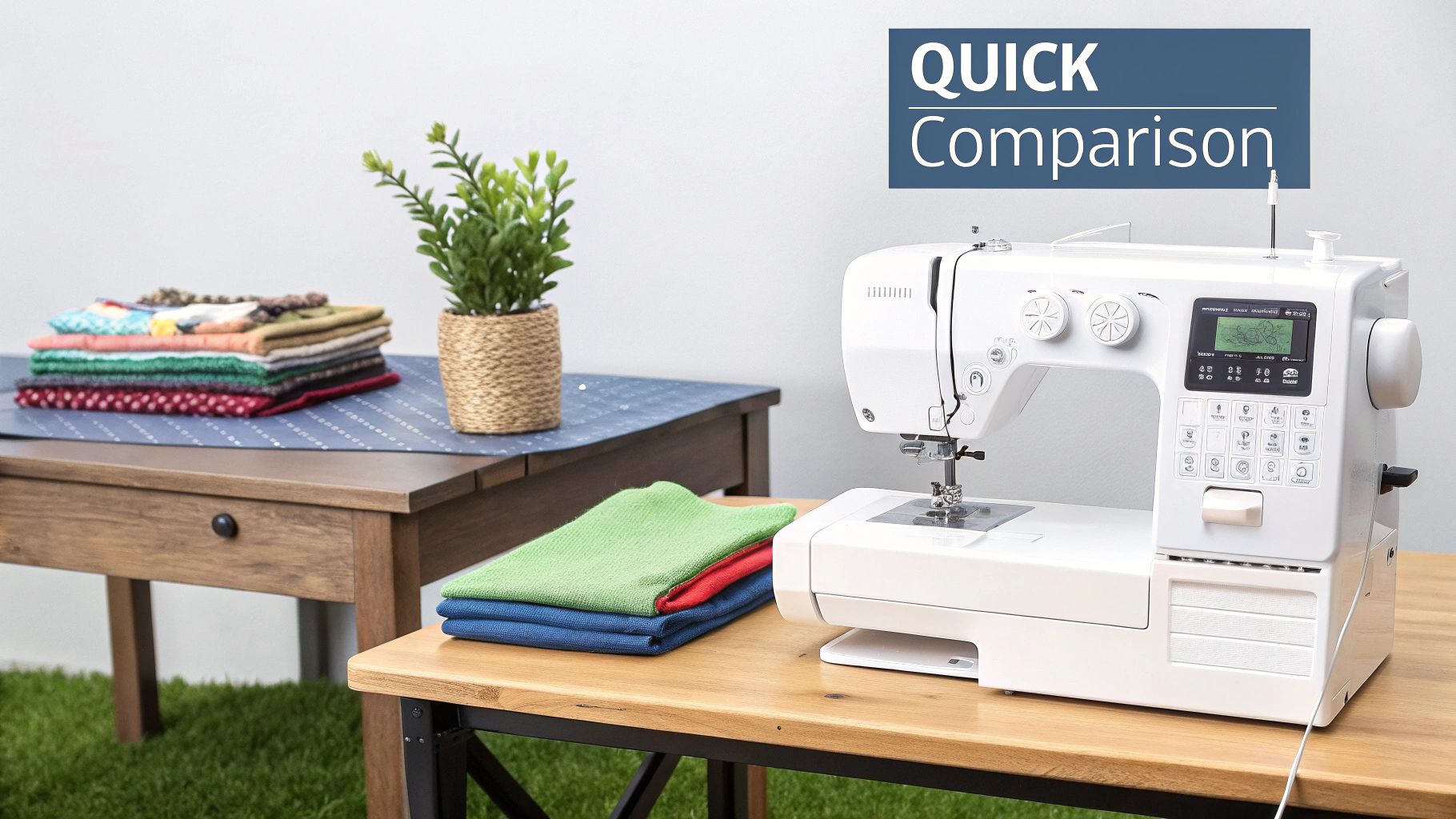 A white sewing machine on a light wooden table with stacked fabrics and a potted plant in the background.