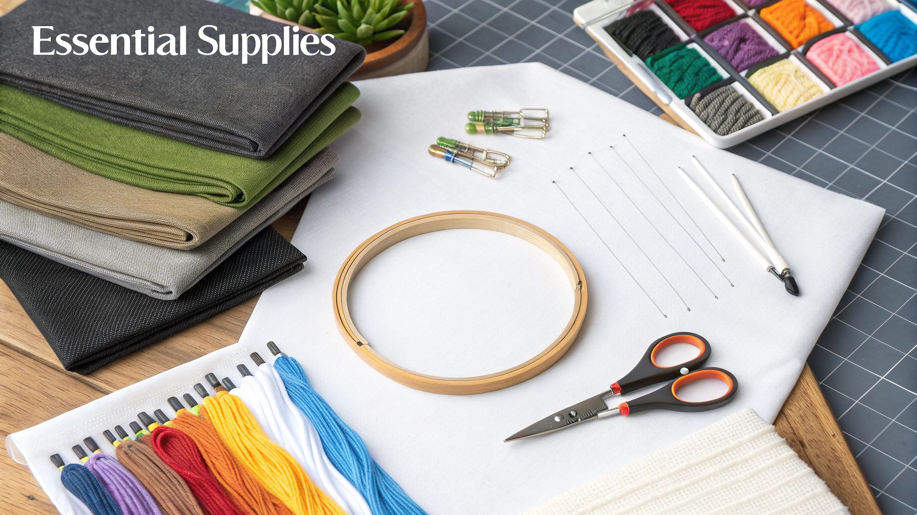 Essential cross-stitch and embroidery supplies, featuring colorful threads, various fabrics, and crafting tools.