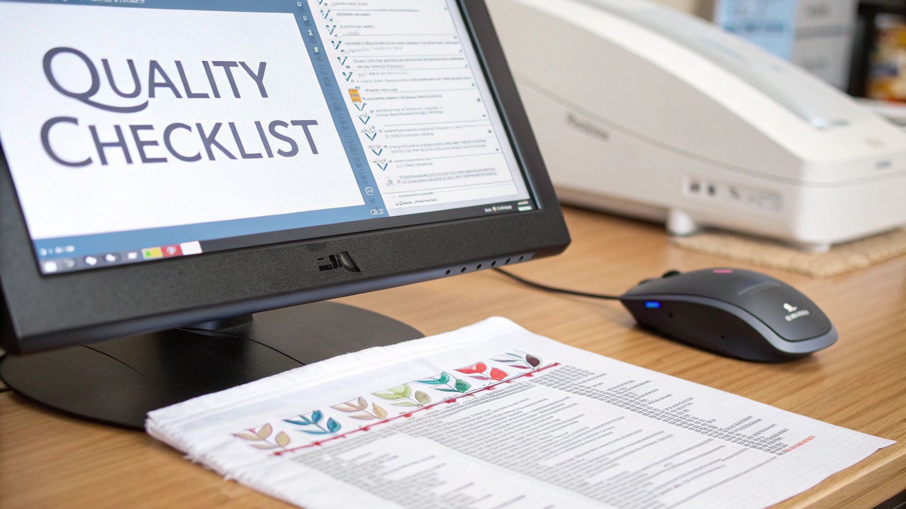 A computer monitor displays 'Quality Checklist' next to a printed document and a mouse on a desk.