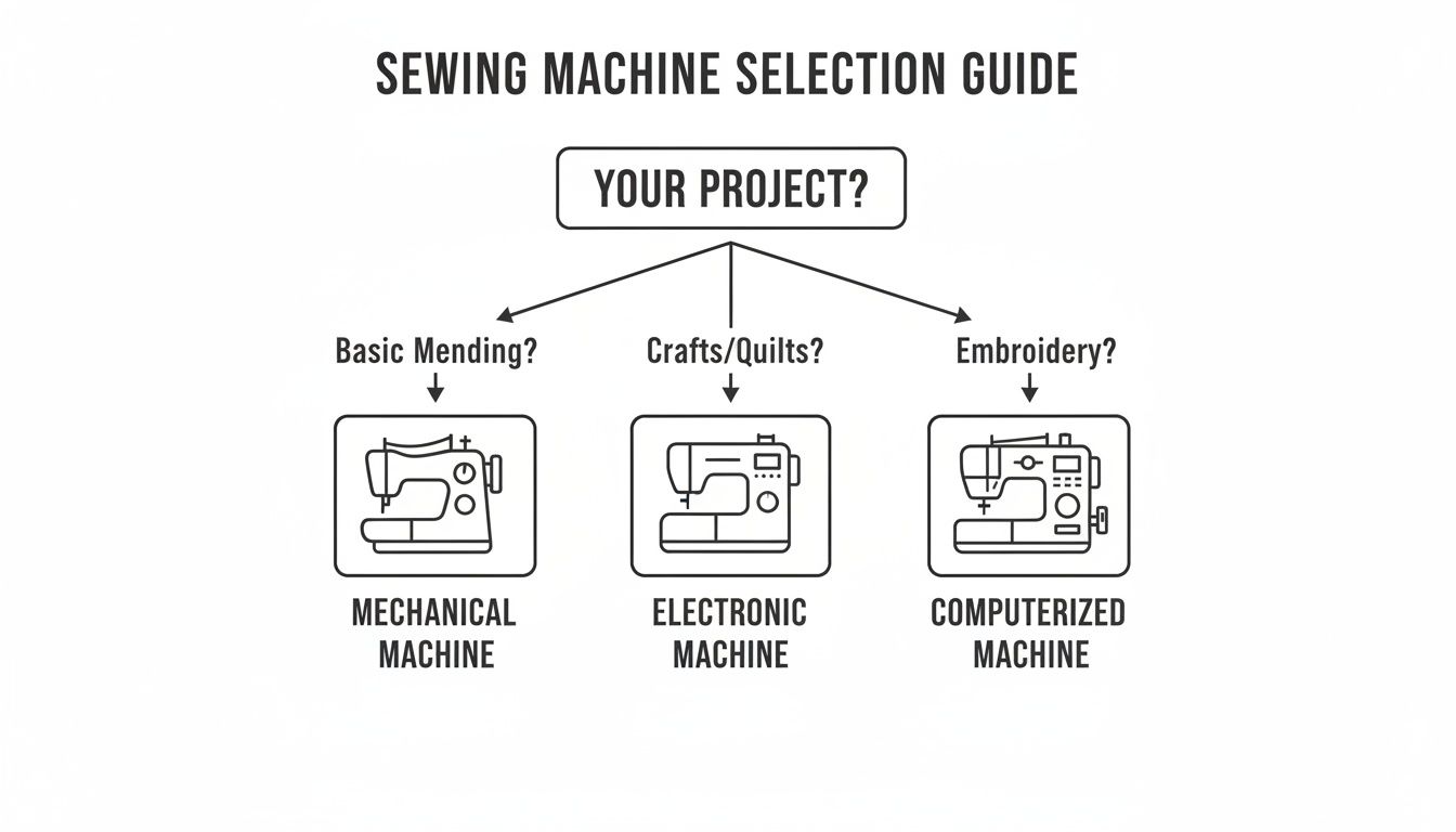 A sewing machine selection guide helps choose between mechanical, electronic, or computerized machines based on project type.