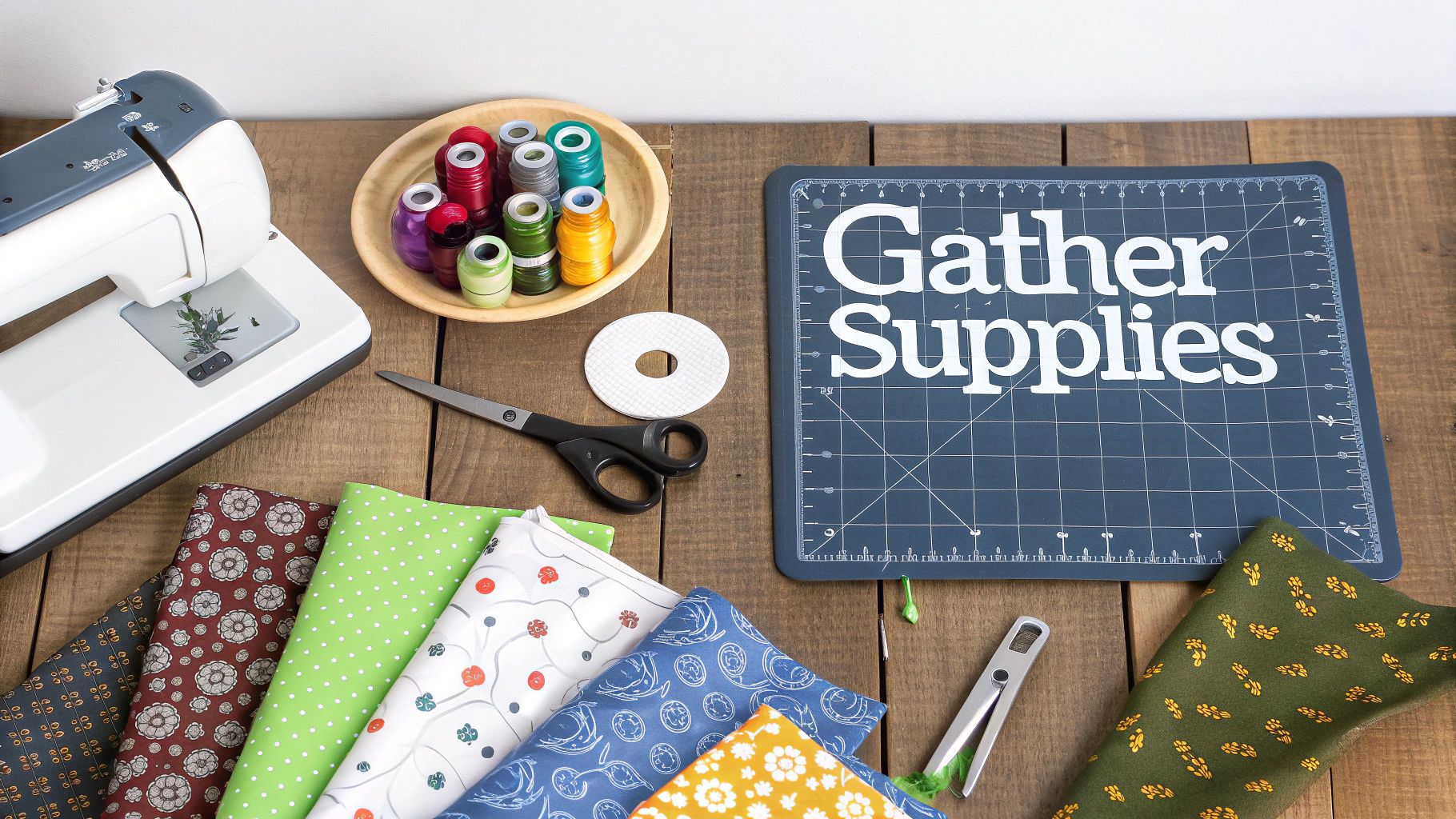 Overhead view of sewing machine, colorful fabrics, thread, and tools on a wooden table with 'Gather Supplies' text.