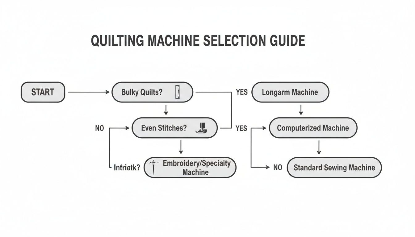 A flowchart guiding the selection of a quilting machine based on needs like bulky quilts or intricate work.