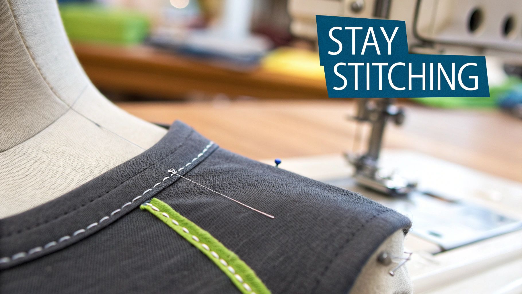 Close-up of grey fabric with white stitches and green detail pinned on a dress form, near a sewing machine.
