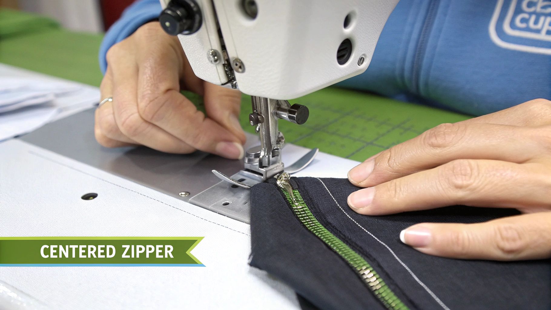 Close-up of hands sewing a green centered zipper onto dark fabric with a sewing machine.