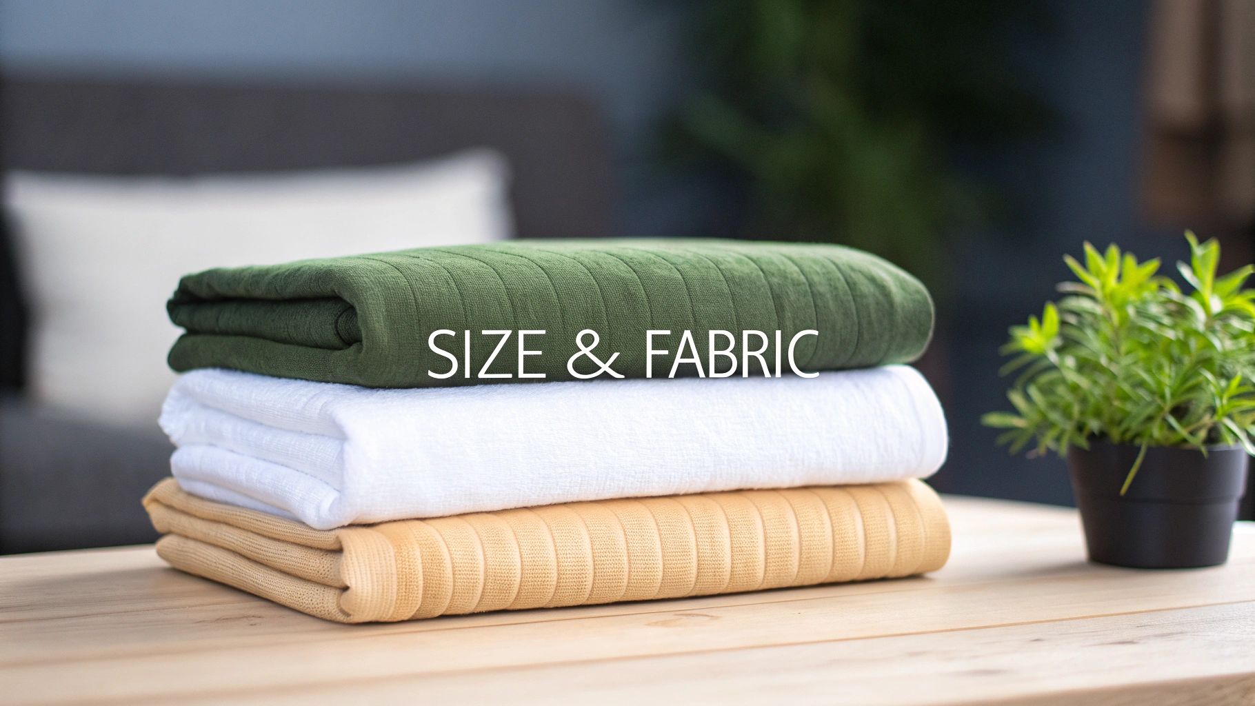 A stack of folded, ribbed blankets in green, white, and tan on a wooden table, with 'SIZE & FABRIC' overlay.