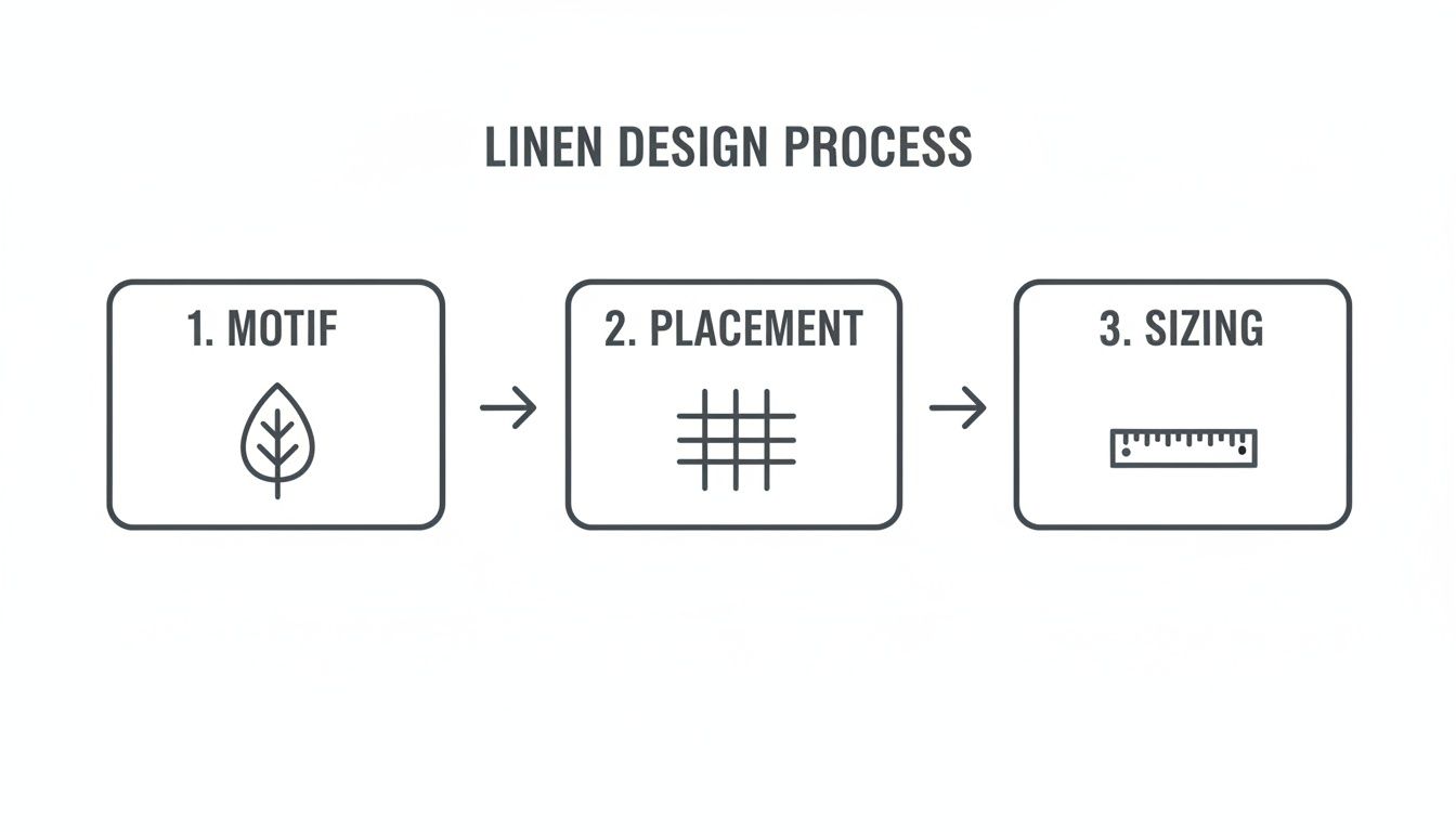 A diagram illustrating the linen design process, showing three steps: motif, placement, and sizing.