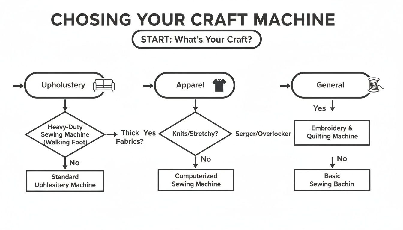 A flowchart helps choose a craft machine based on upholstery, apparel, or general sewing projects.