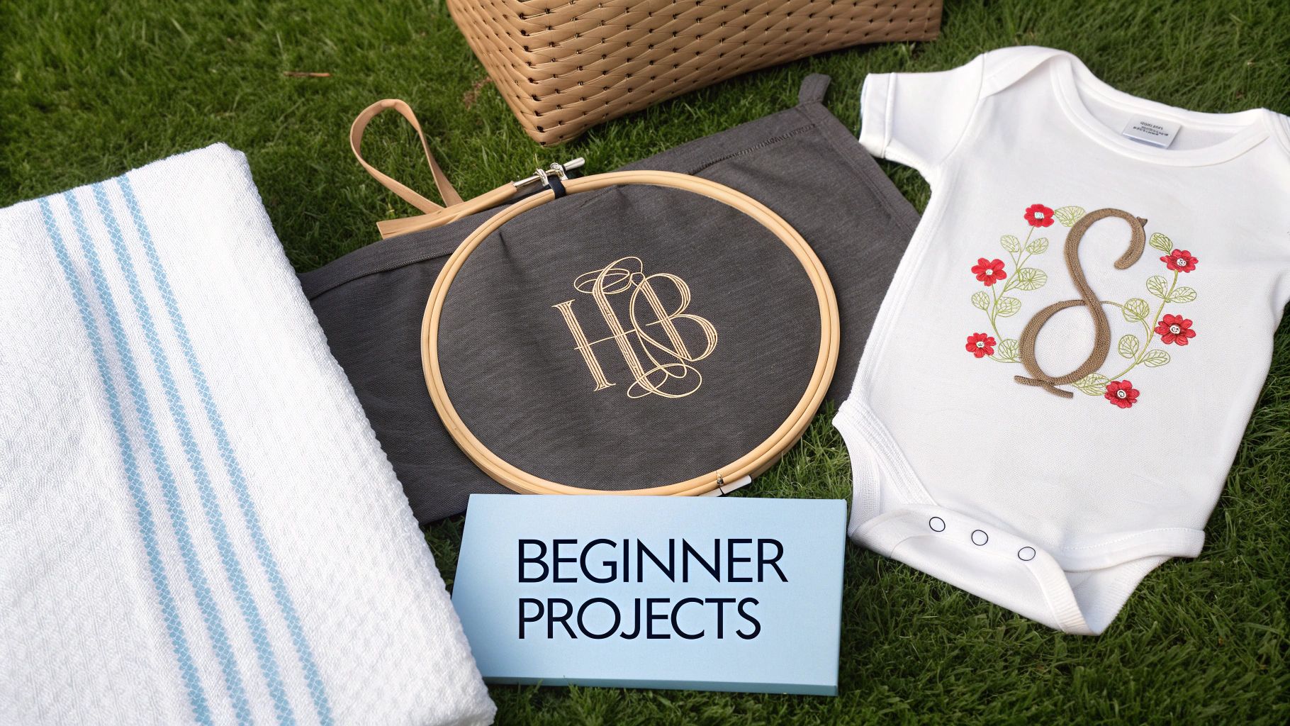 A flat lay of embroidery projects including a baby onesie, a hoop, a towel, and a sign on grass.