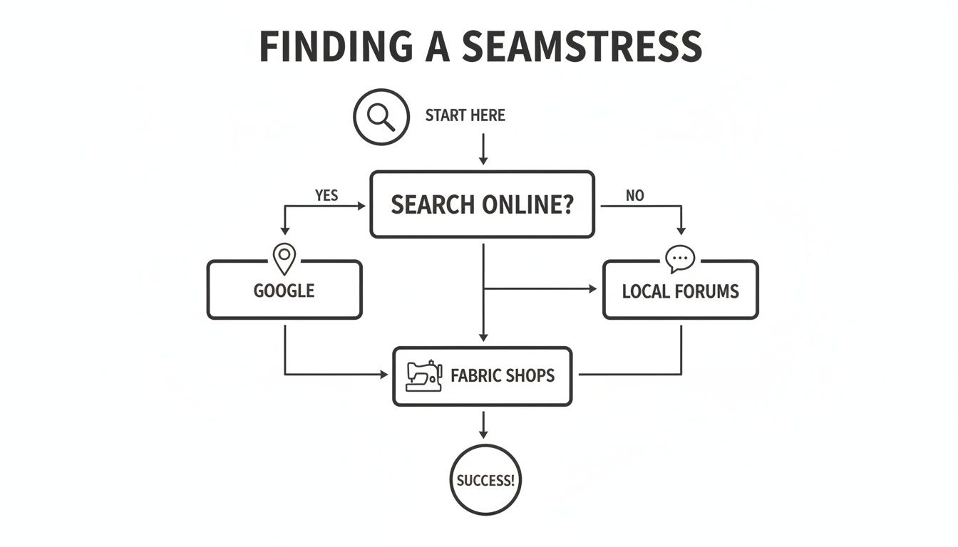 Flowchart illustrating steps to find a seamstress, including searching online, Google, local forums, and fabric shops.