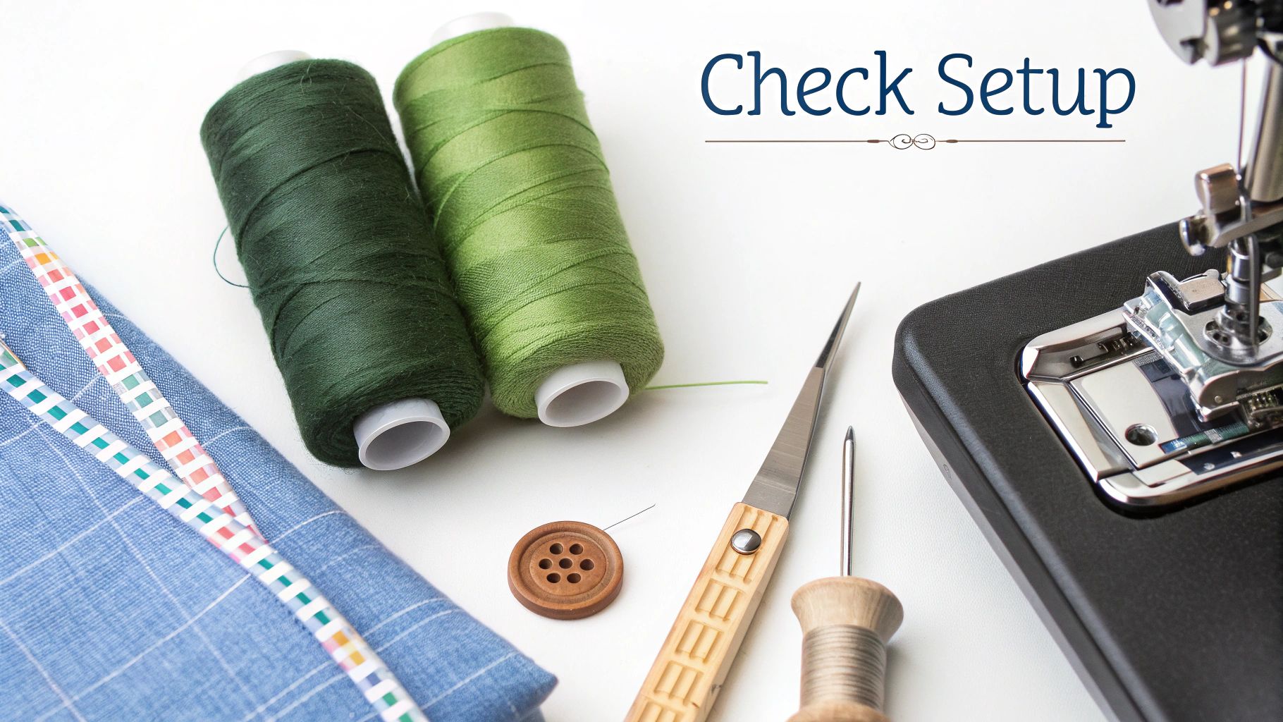 Sewing craft flat lay with green threads, blue fabric, button, tools, and a sewing machine.