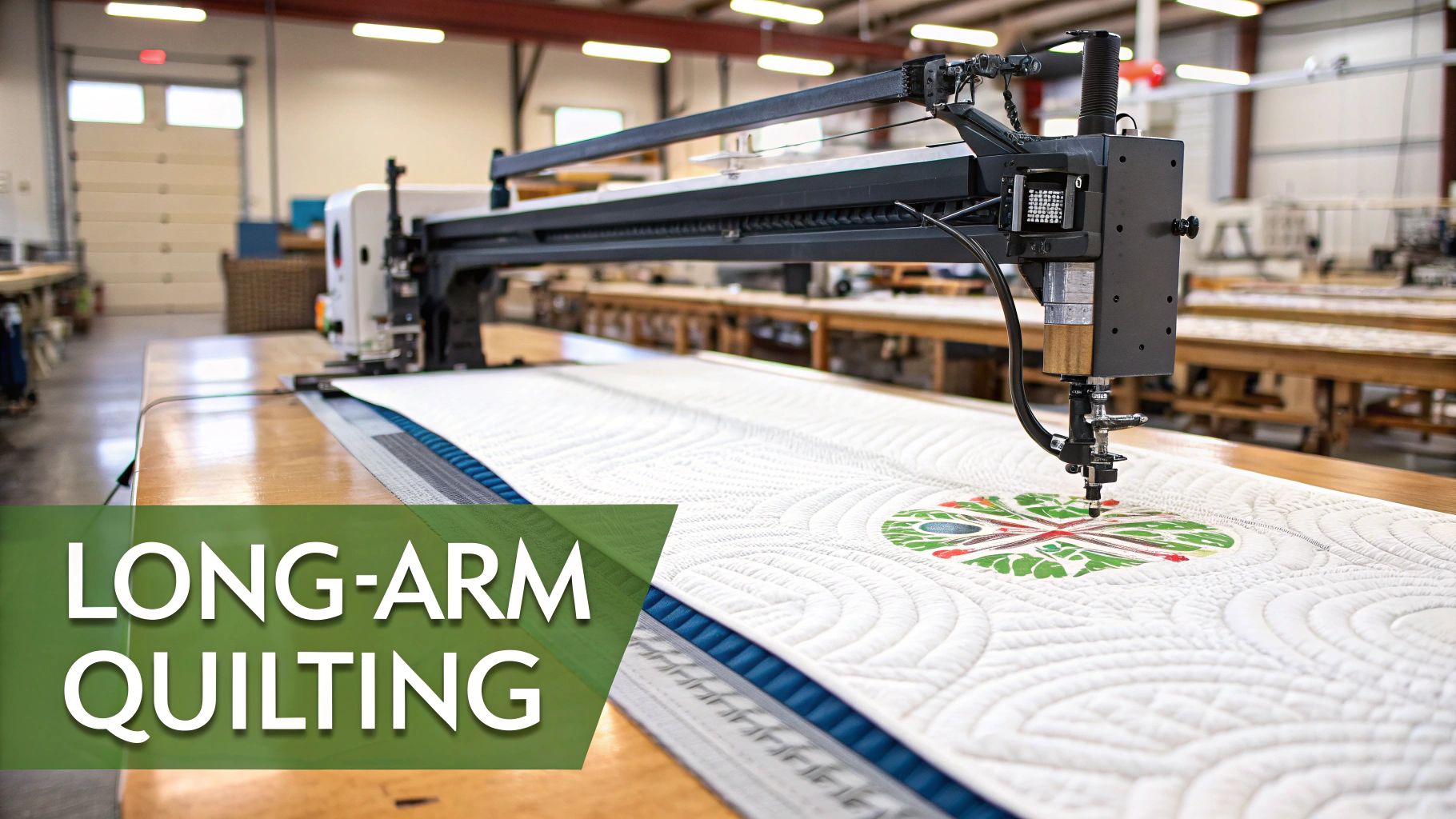 A long-arm quilting machine actively stitches intricate patterns onto white fabric with a colorful design.