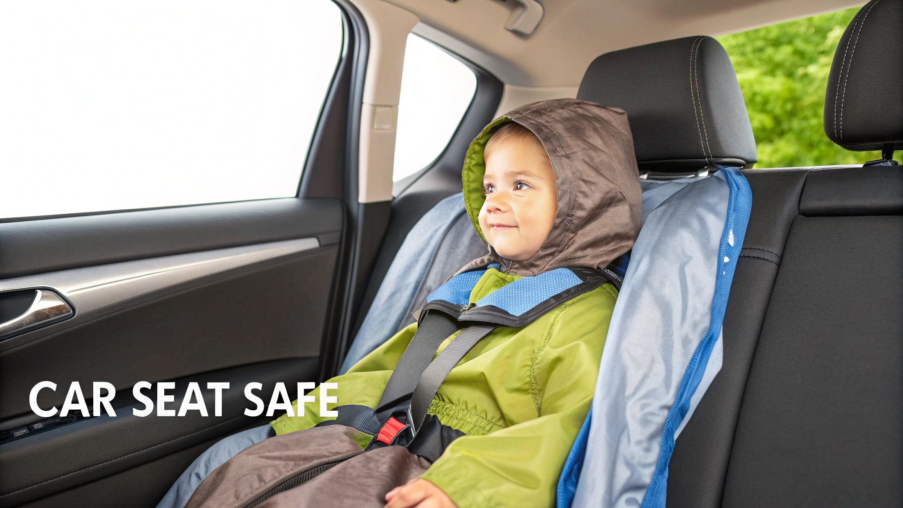 A happy toddler in a green and brown car seat poncho buckled safely in the back seat of a car.