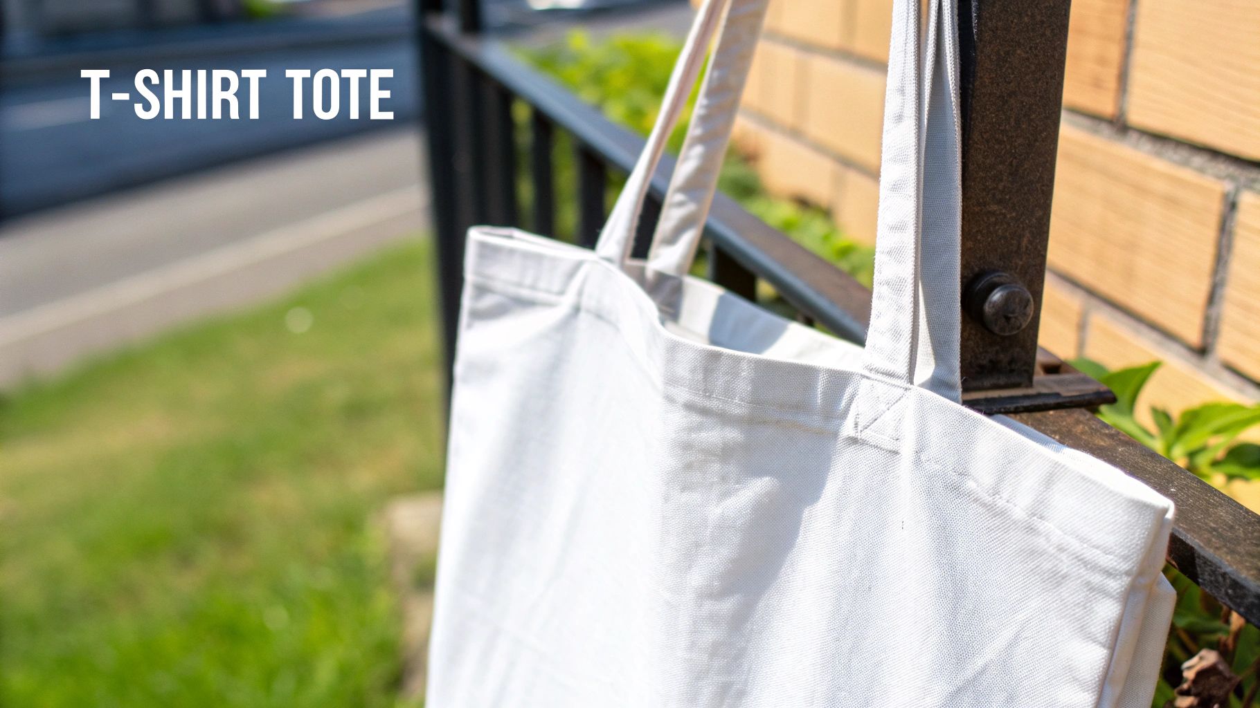 A plain white canvas tote bag hangs on a black railing outdoors with "T-SHIRT TOTE" text.