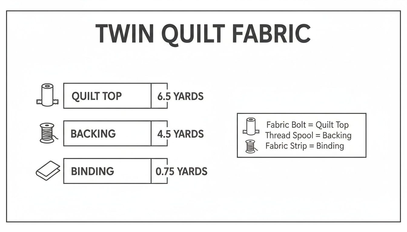 Diagram illustrating fabric requirements for a twin size quilt, including quilt top, backing, and binding.