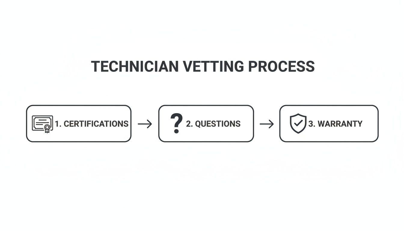 A flowchart detailing a technician vetting process, including steps for certifications, questions, and warranty.