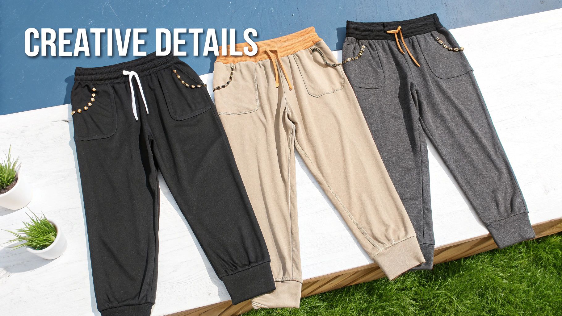 Three pairs of women's jogger harem pants in black, beige, and grey with stud details.