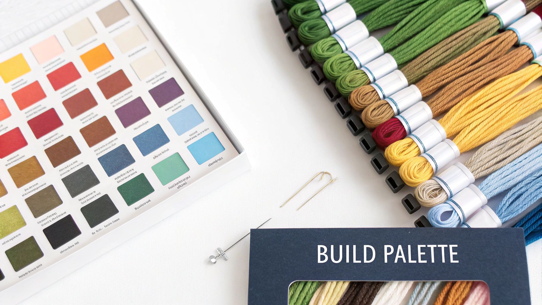 Craft supplies with a color palette, rows of colorful embroidery floss, and small metal tools.