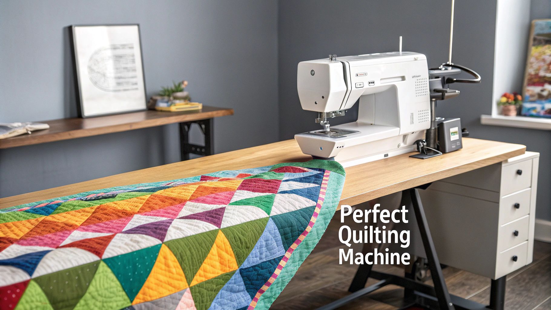 A white sewing machine sits on a light wooden desk with a colorful patterned quilt draped over it.