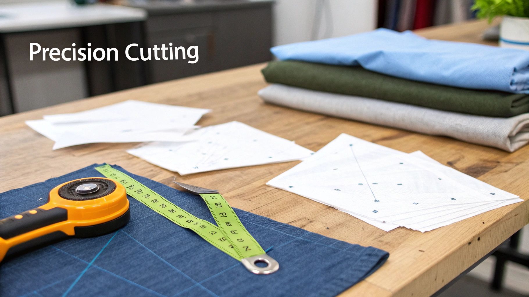 A sewing workspace with a rotary cutter, measuring tape, fabric patterns, and stacks of colorful fabrics.