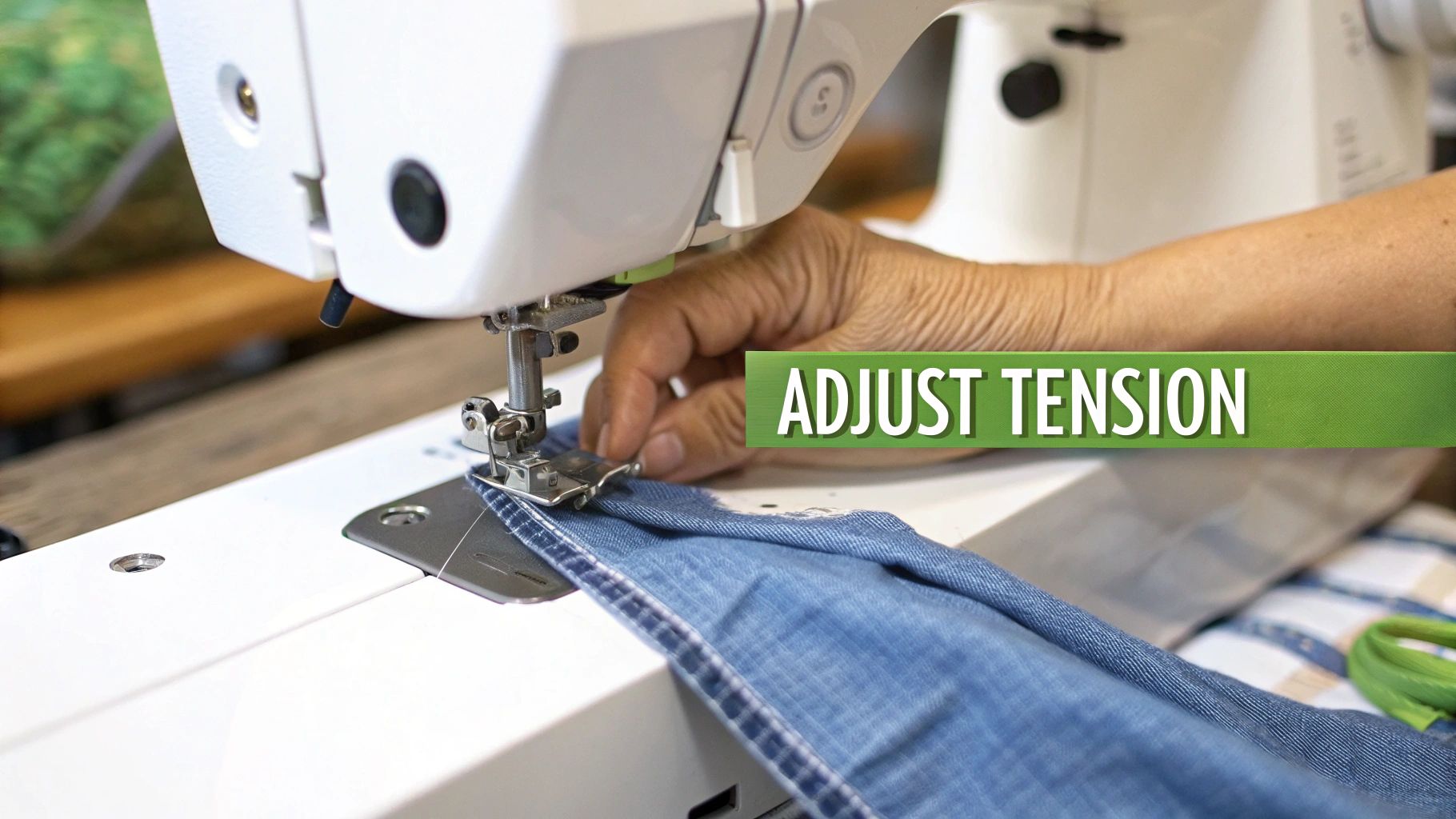 Close-up of a person's hand adjusting a white sewing machine while stitching blue denim fabric, with a text overlay 'ADJUST TENSION'.